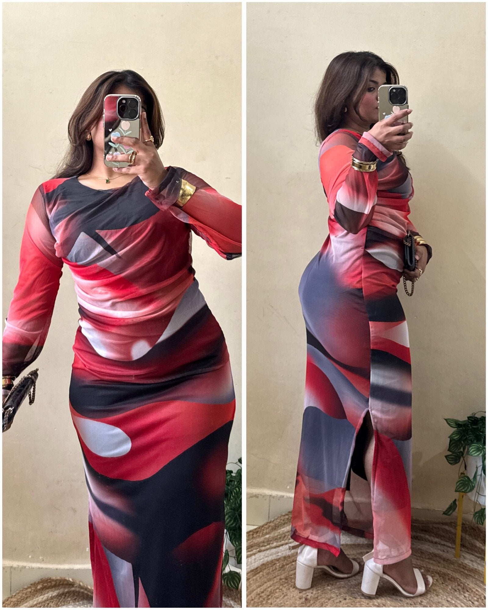 Red Marble Print Mesh Dress With Boya Neck
