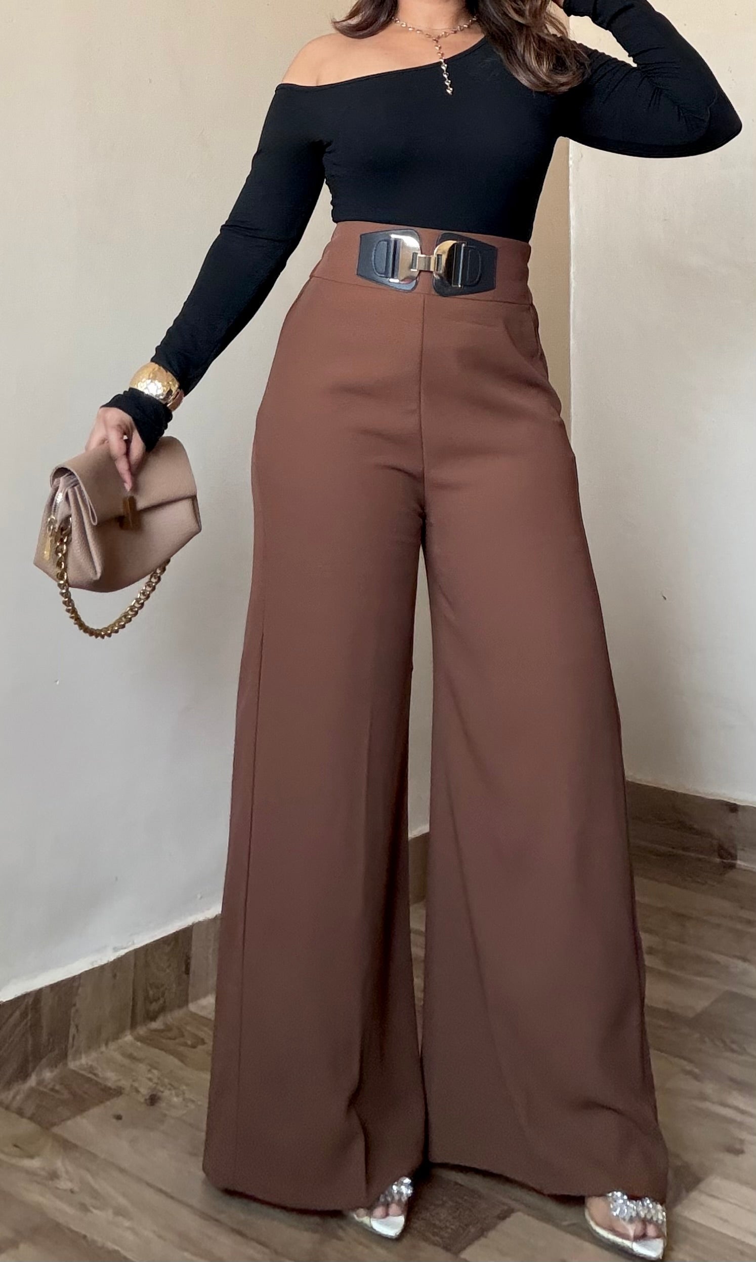 Premium Rusty Brown Buckle Detailing Wide Leg Trouser