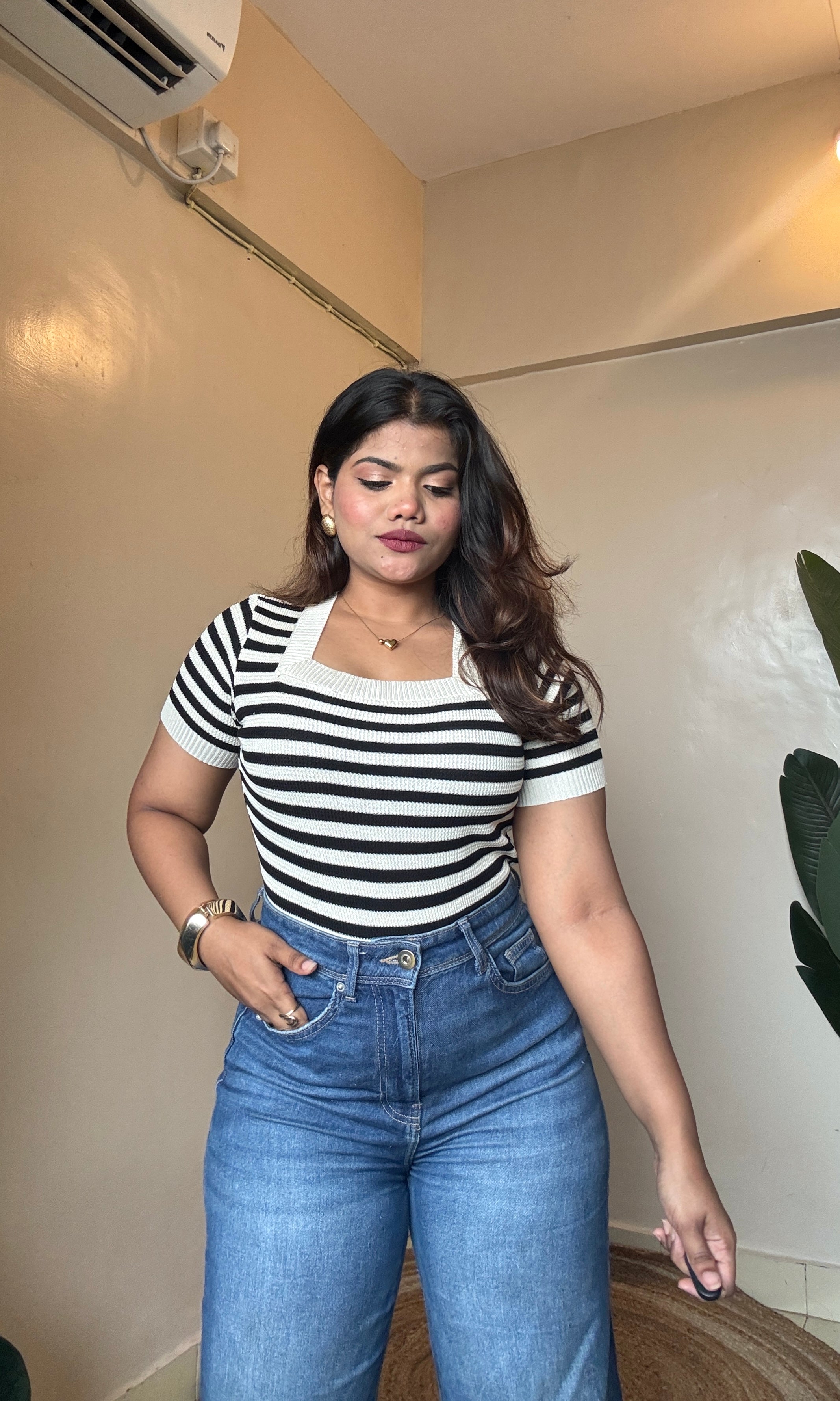 Black N White Striped Square Neck Top