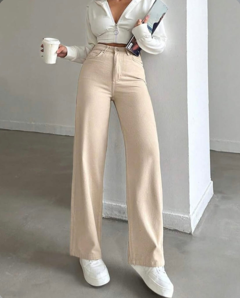 Beige High-Waist Wide Leg Denim