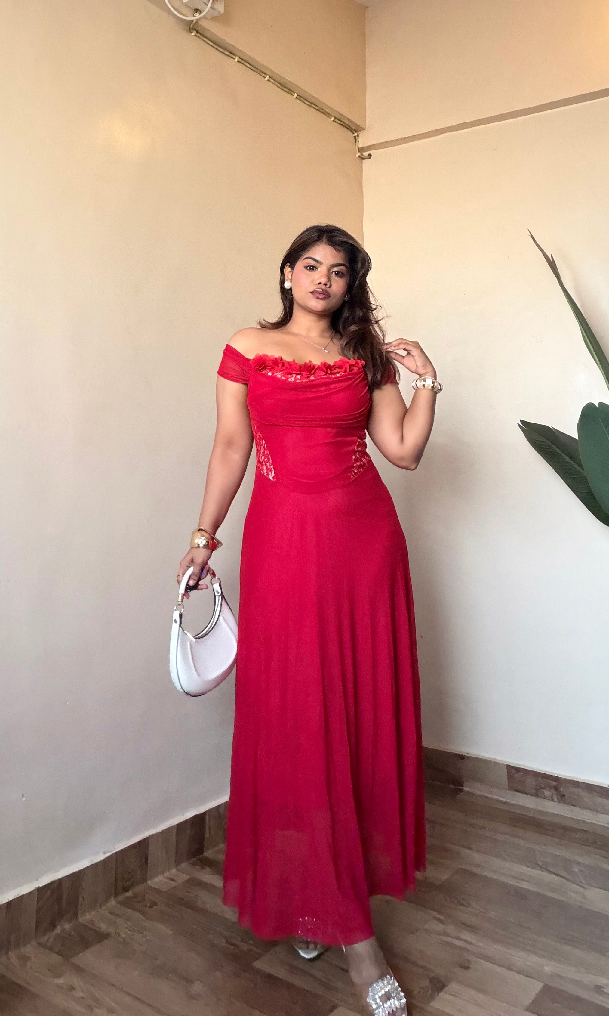 Red Floral Off-Shoulder Lacy Mesh Dress