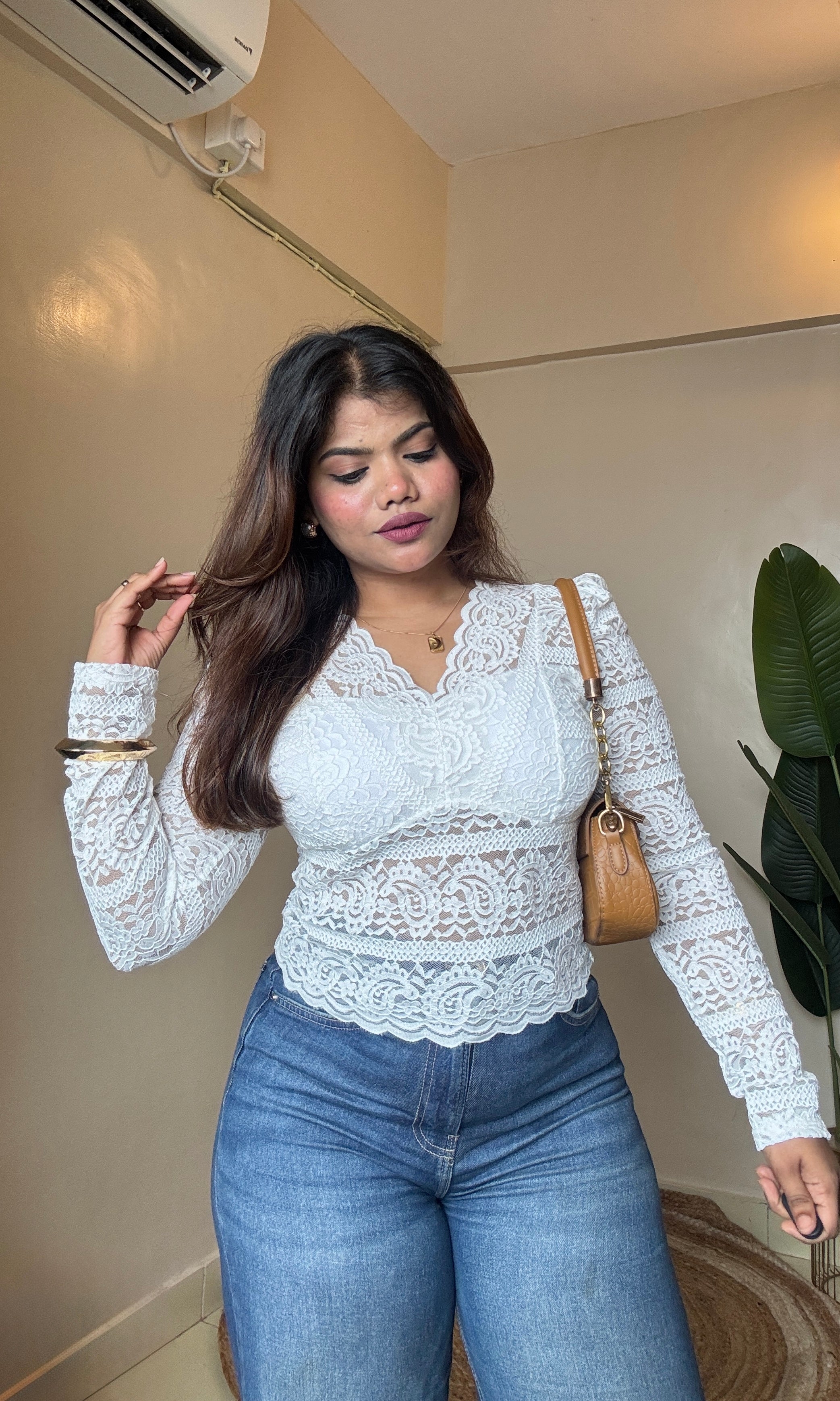 V Neck Lacework Mesh Top