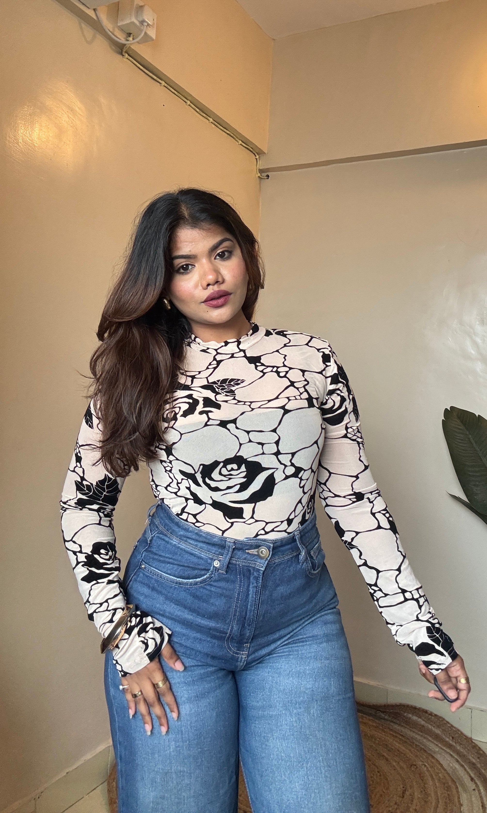 Beige Rose Velvet Printed Sheer Bodysuit Top