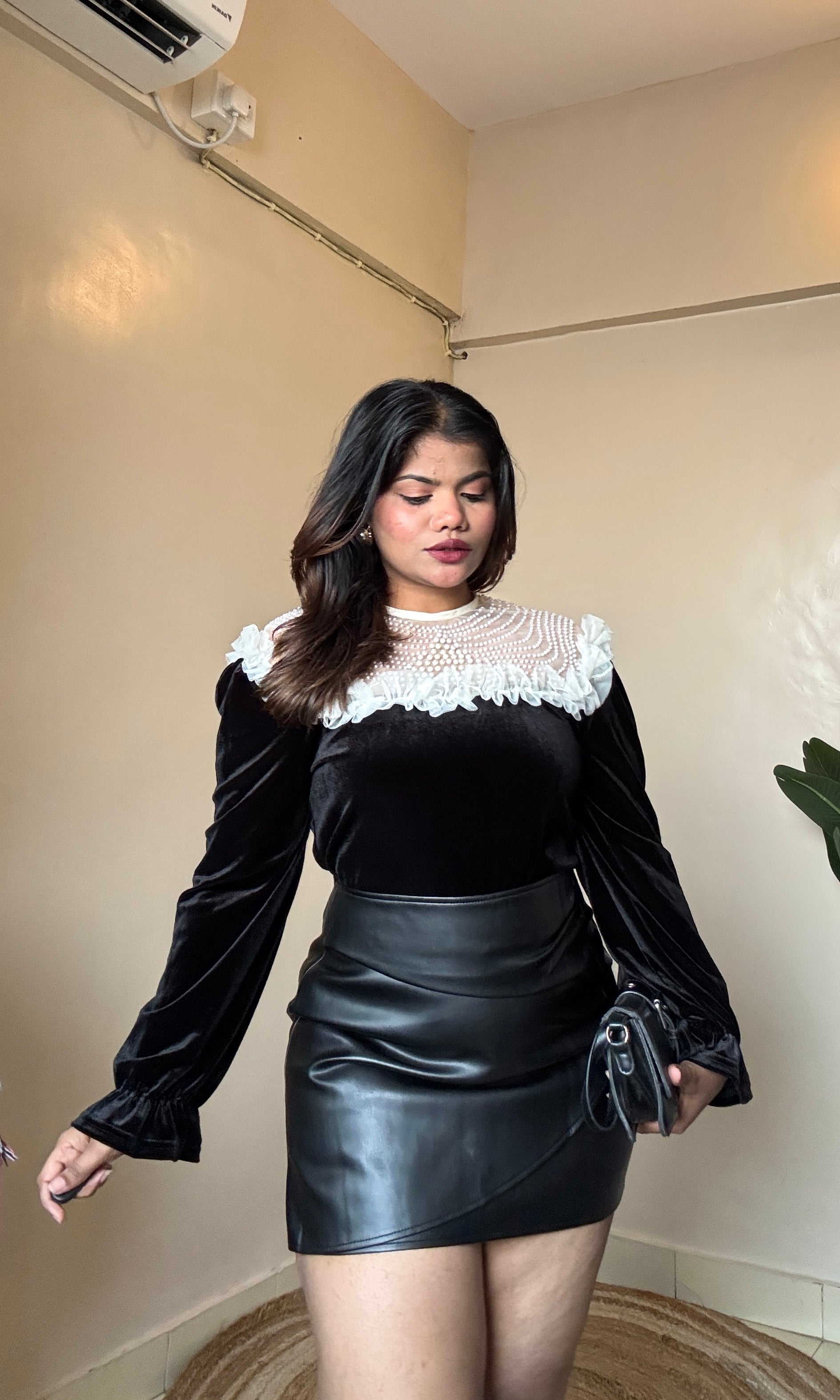 Premium Pearl Ruffle Velvet Top