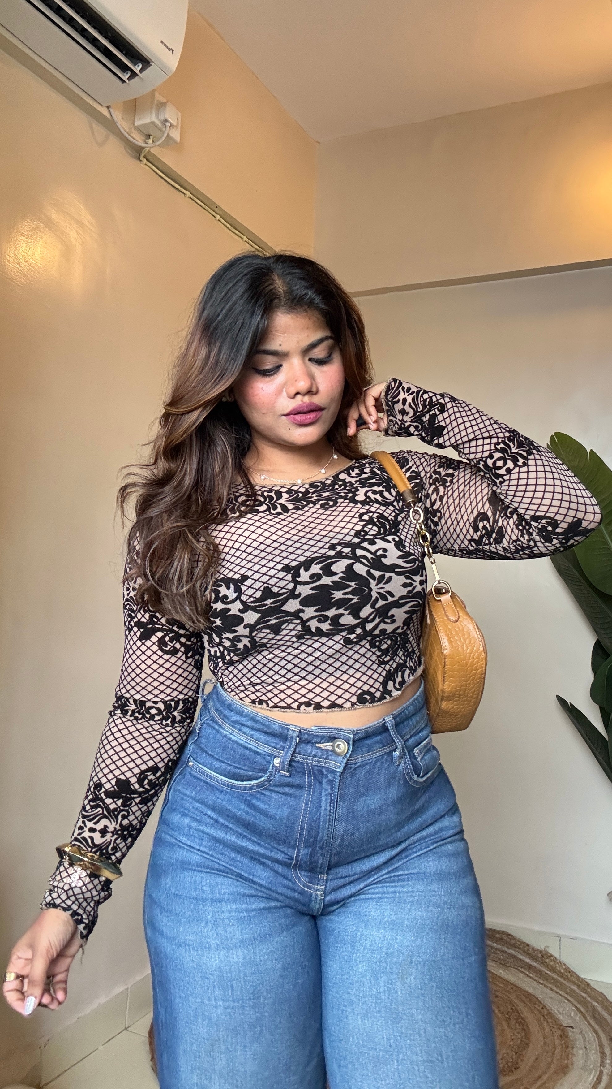 Chrissy Barque Print Mesh Top With Inner