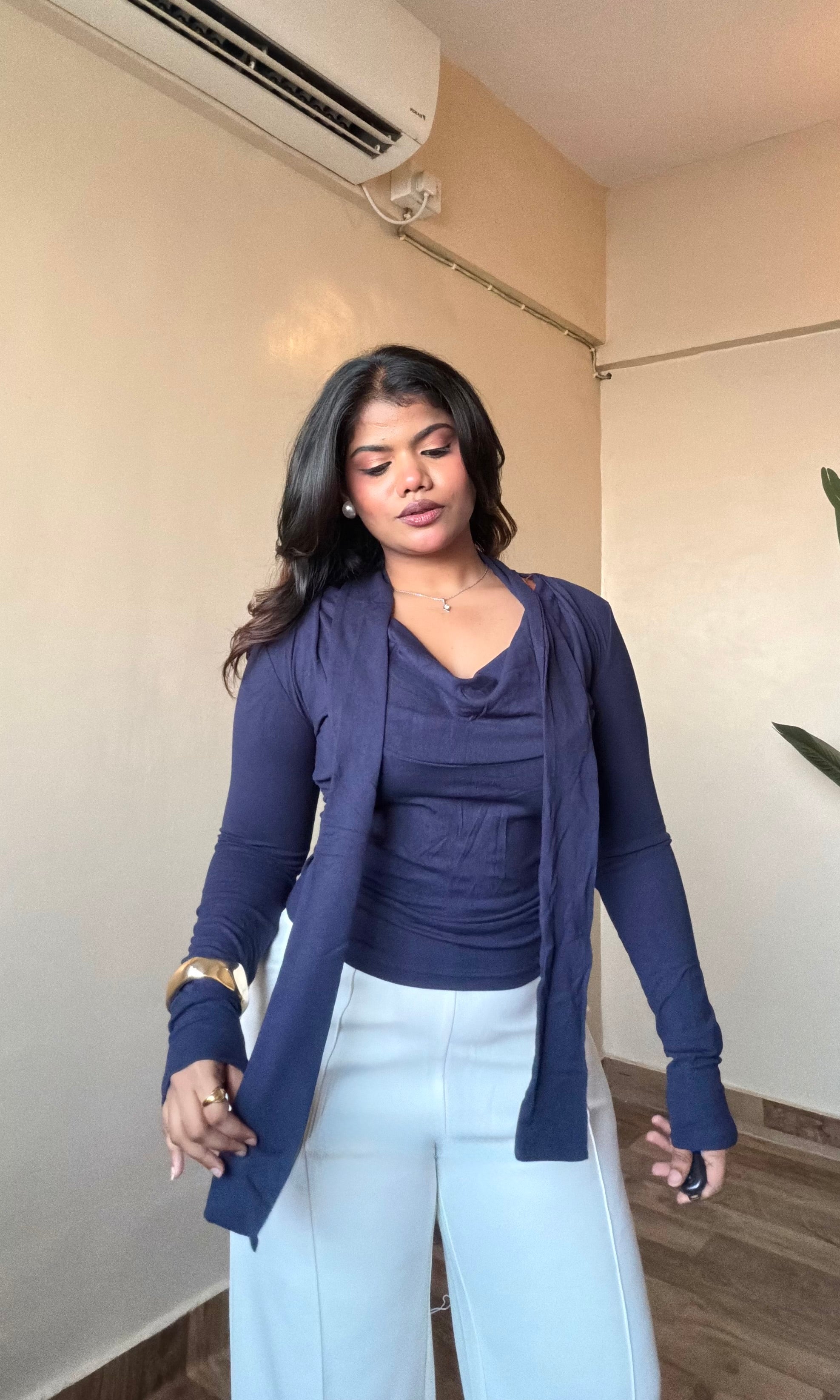 Cowl Neck-Ribbon Full Sleeve Top #9920