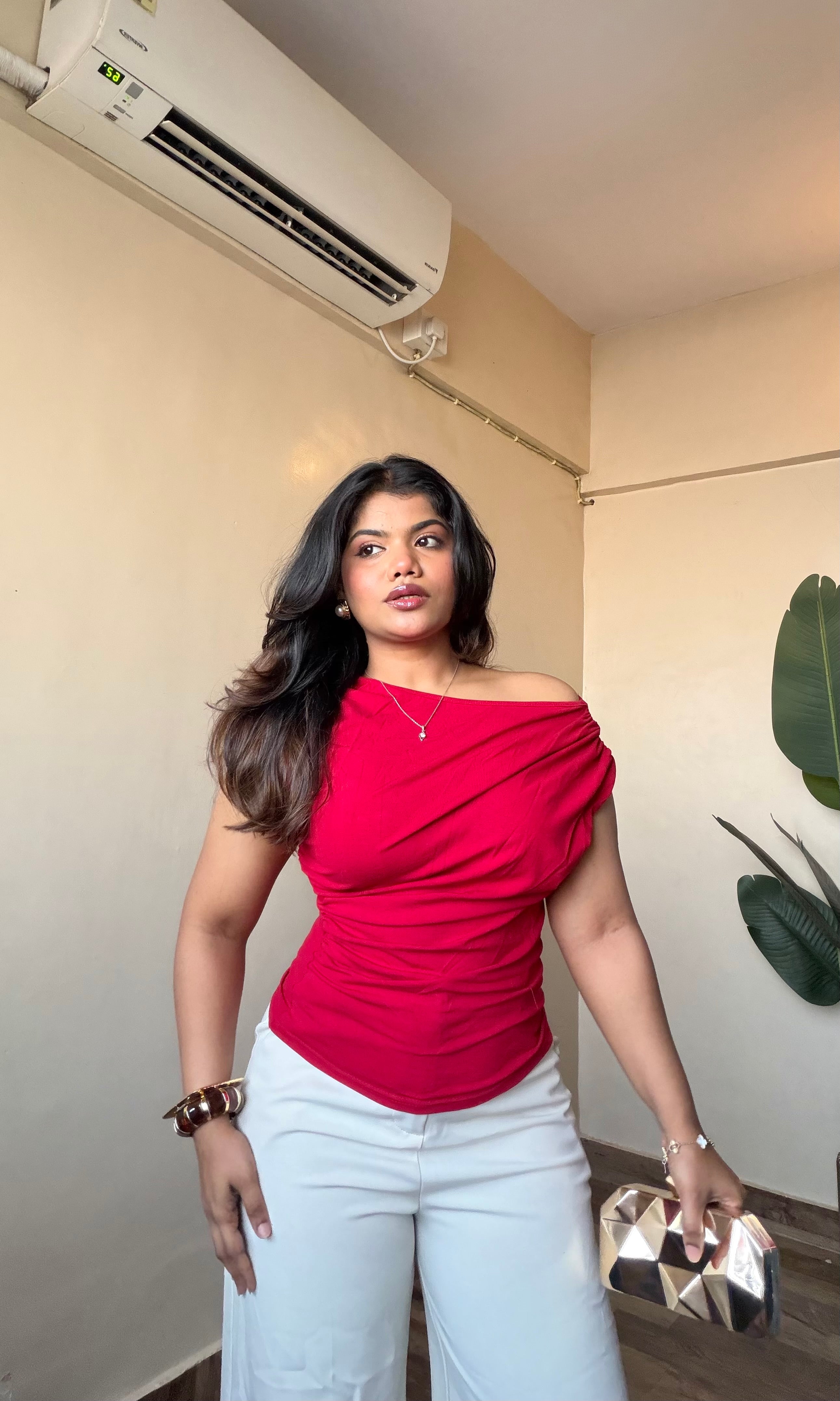 Asymmetrical One Off-Shoulder Ruched Top #2297