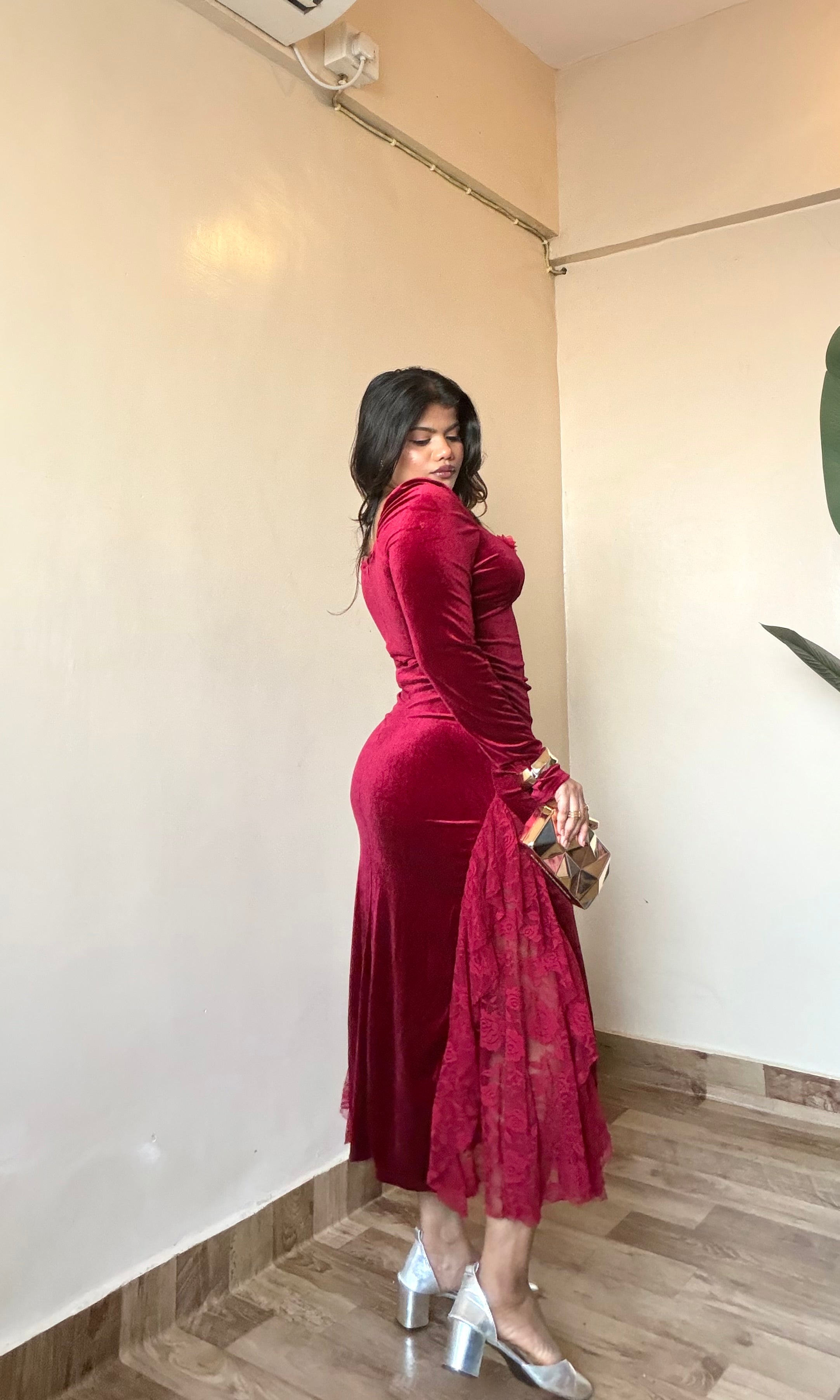 Red Velvet Sweetheart Neck Dress