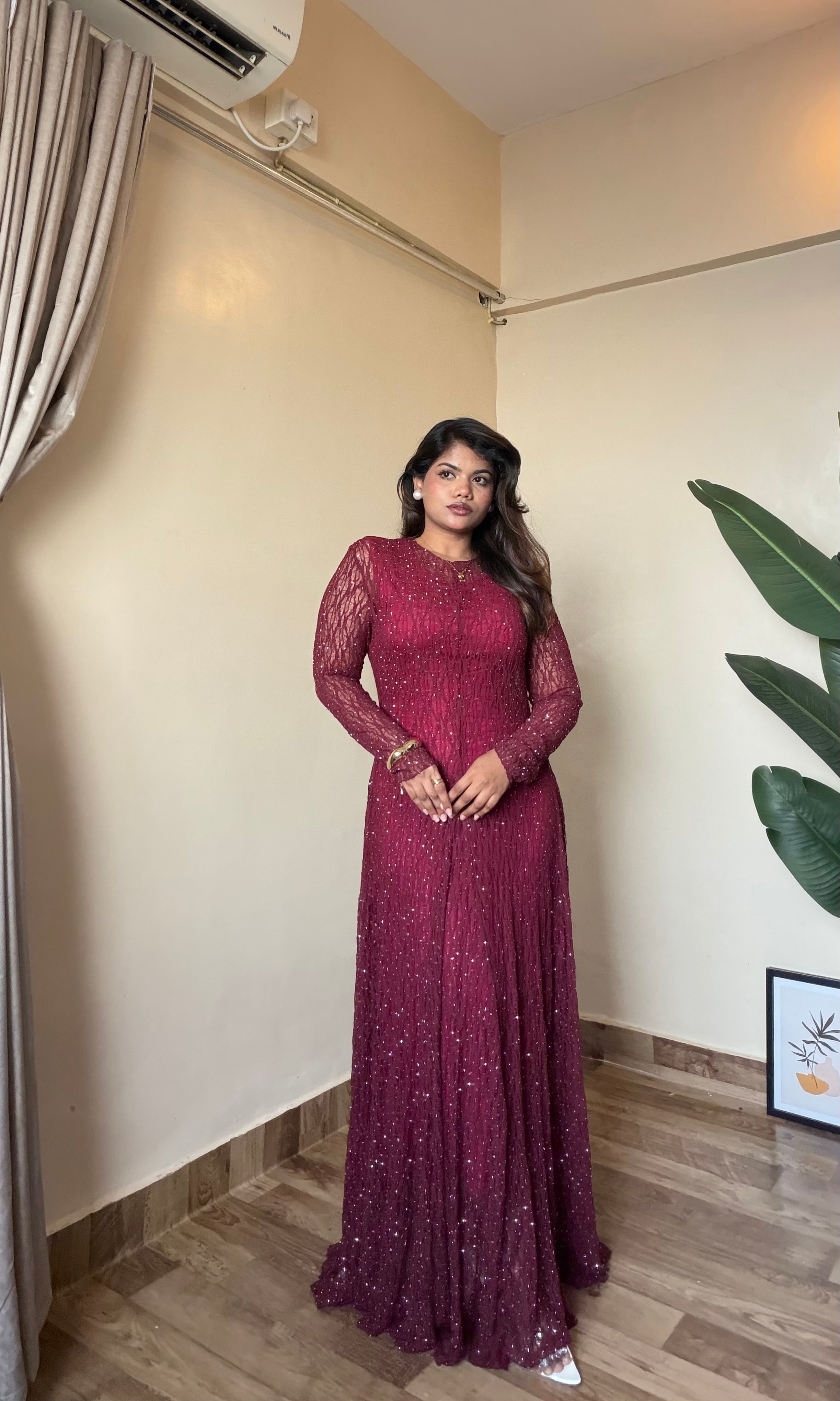Maroon Embellished Sparkle Gown Dress