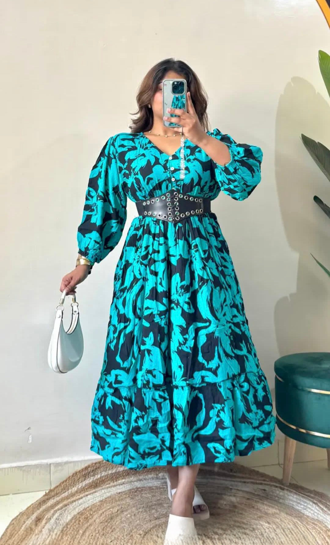 Teal Green Floral Dress With Belt