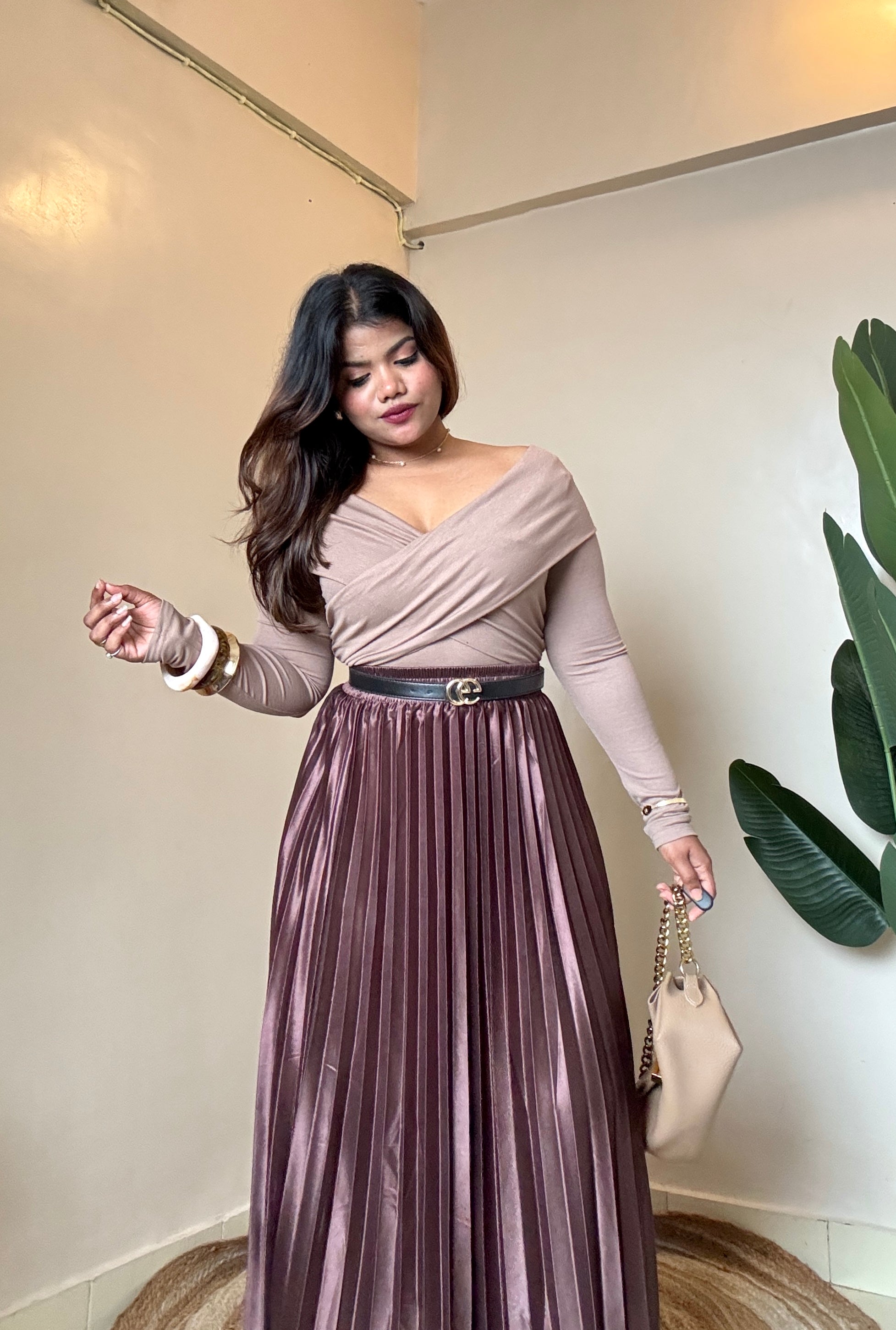 Combo Beige Crossover Top With Brown Satin Pleated Skirt