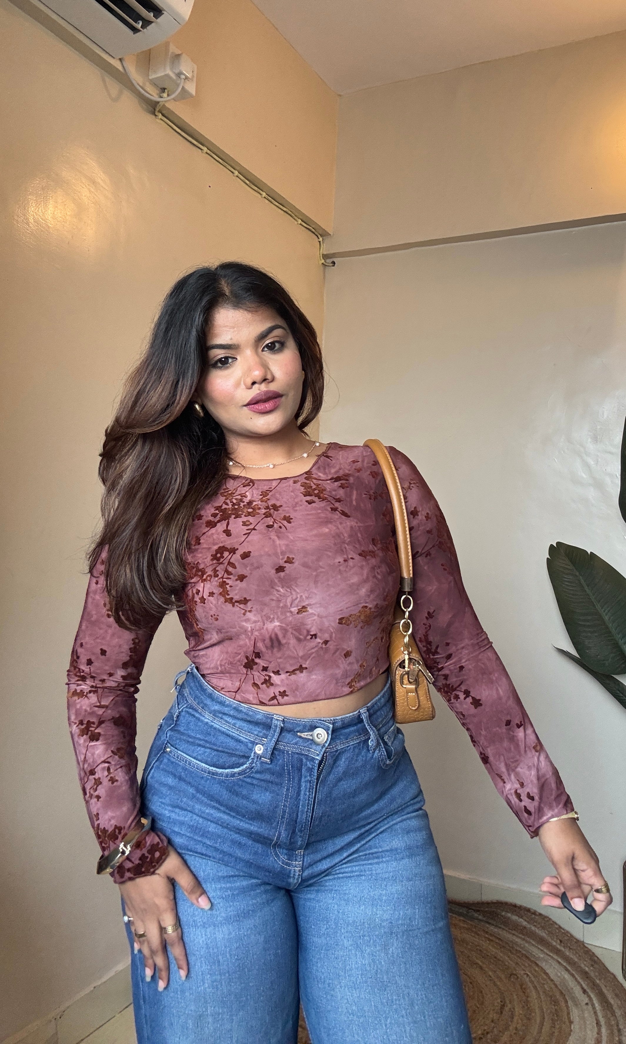 Beautiful Floral Velvet Print Crop Top