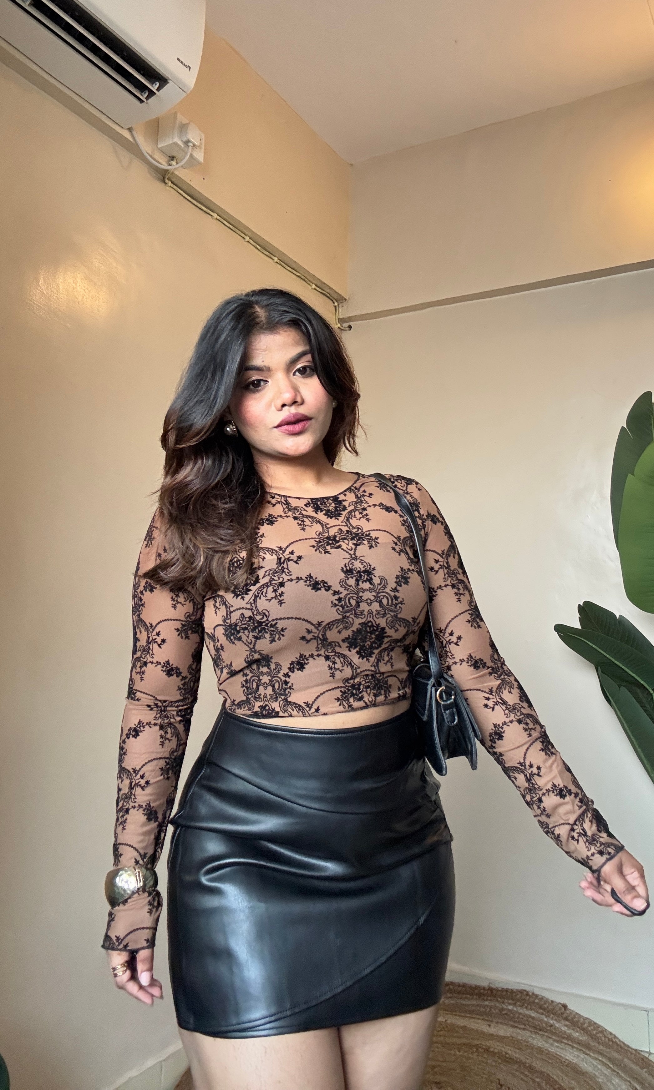 Floral Velvet Print Sheer Mesh Top With Inner-2