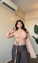 Wrap Body-Fitted Bell Sleeve Top #2675