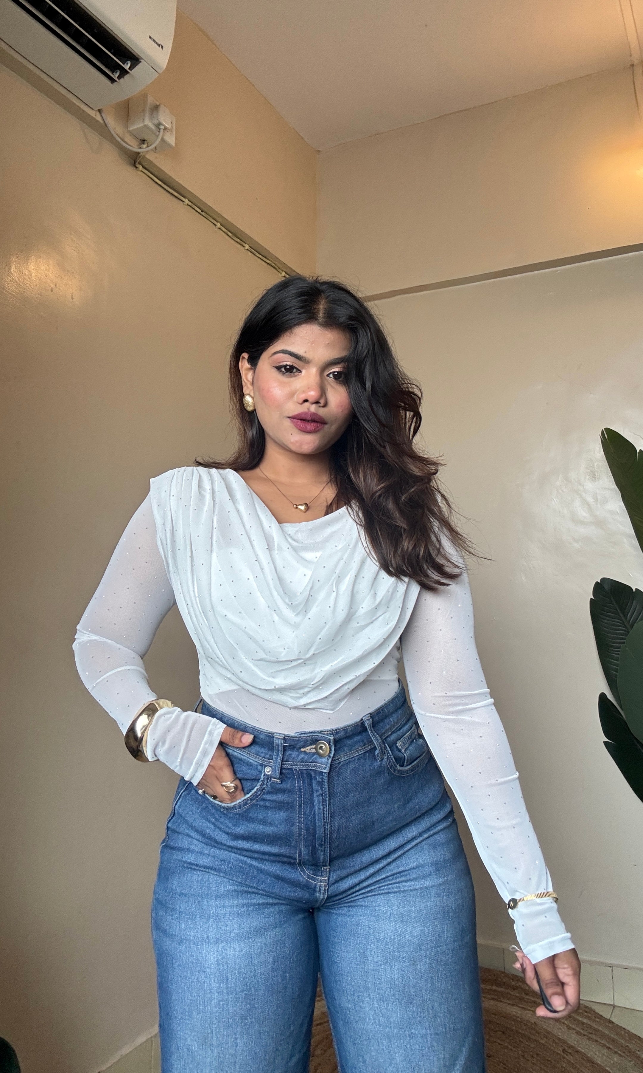 White Fall Neck Rhinestone Mesh Top