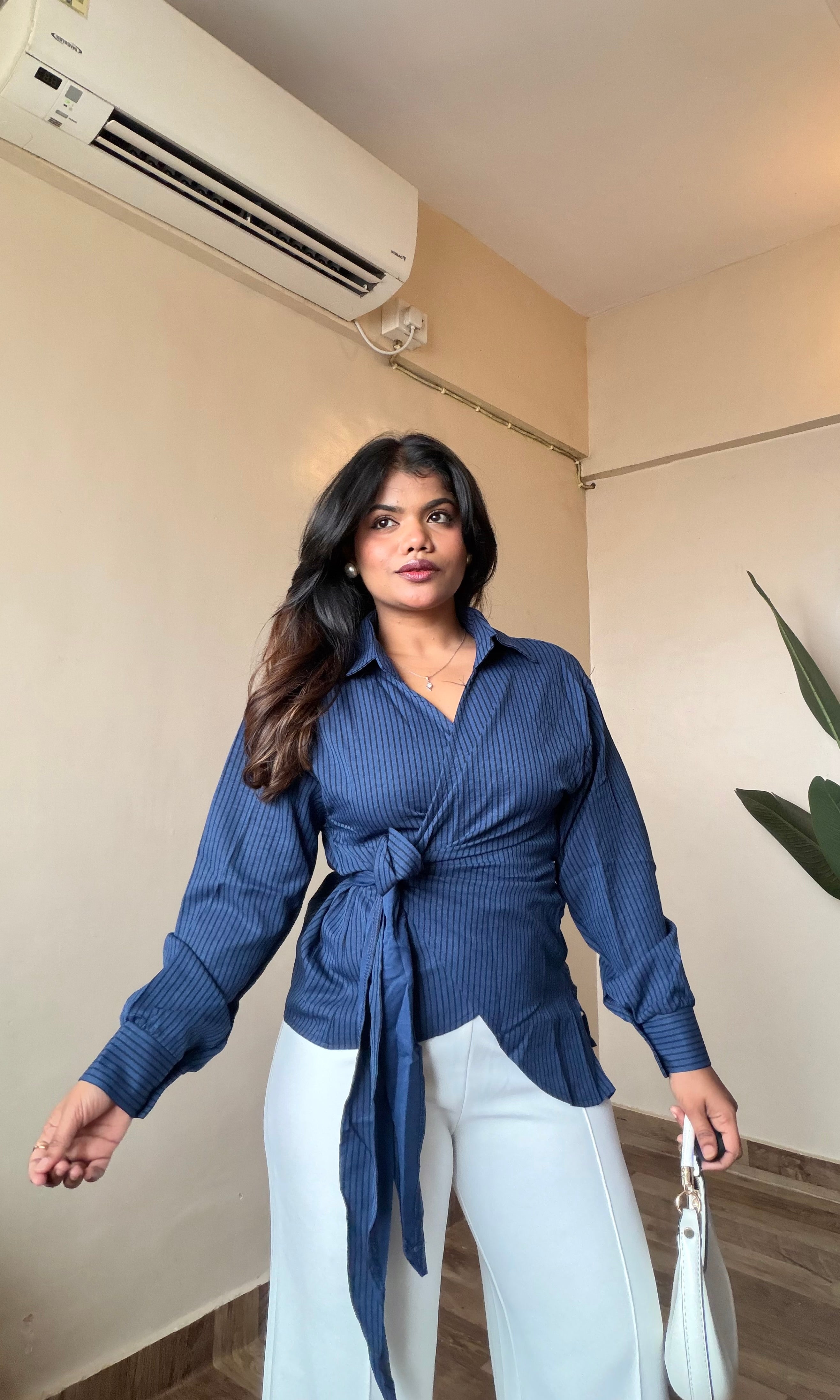 Wrap Style Tie-Up Striped Shirt