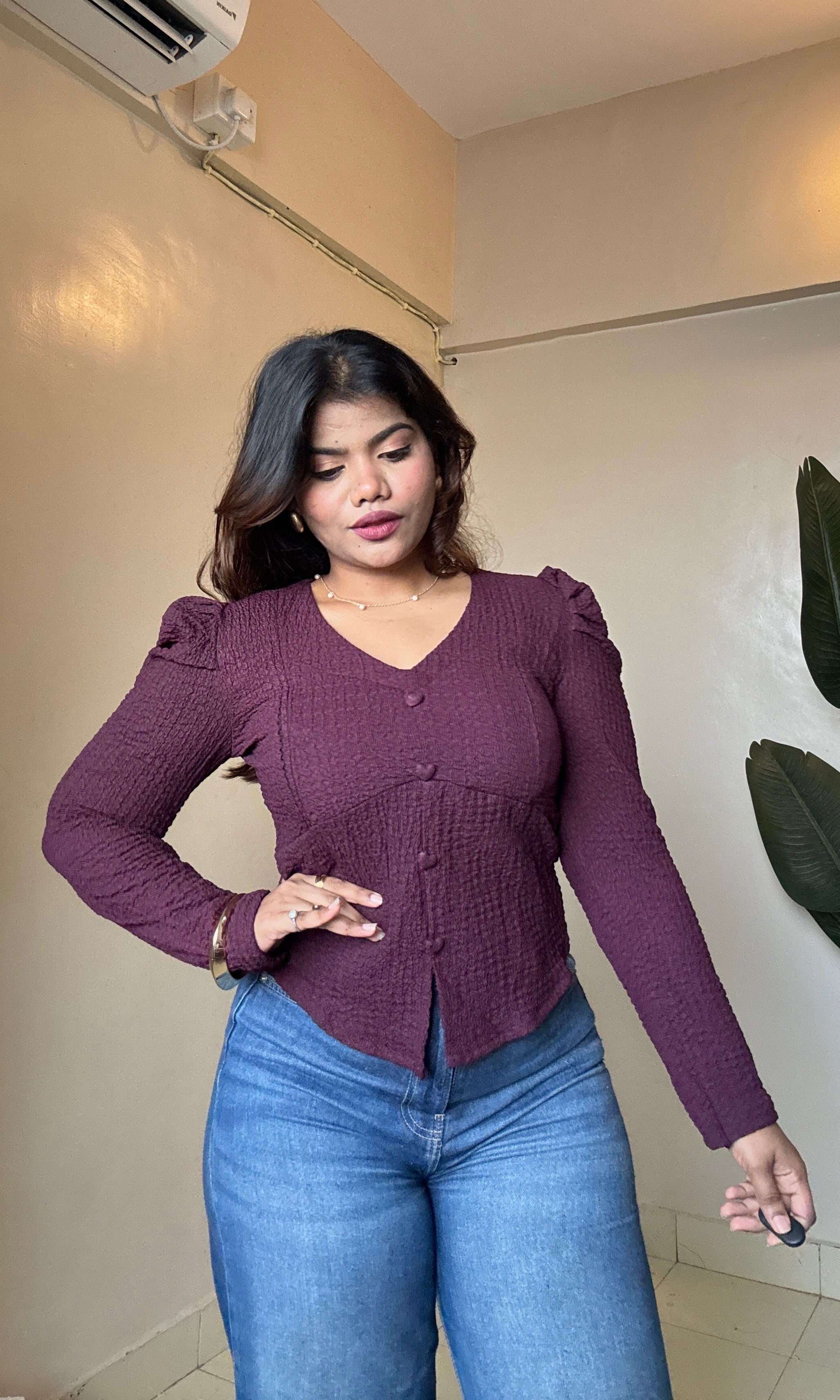 Textured V Neck Puff Sleeve Top