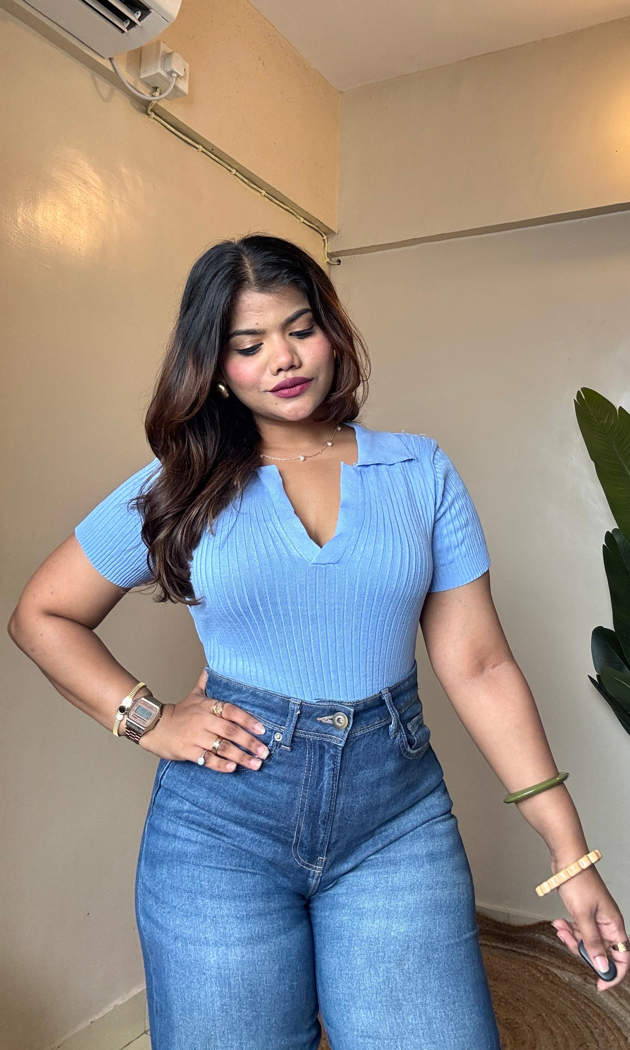 Blue V neck collar top