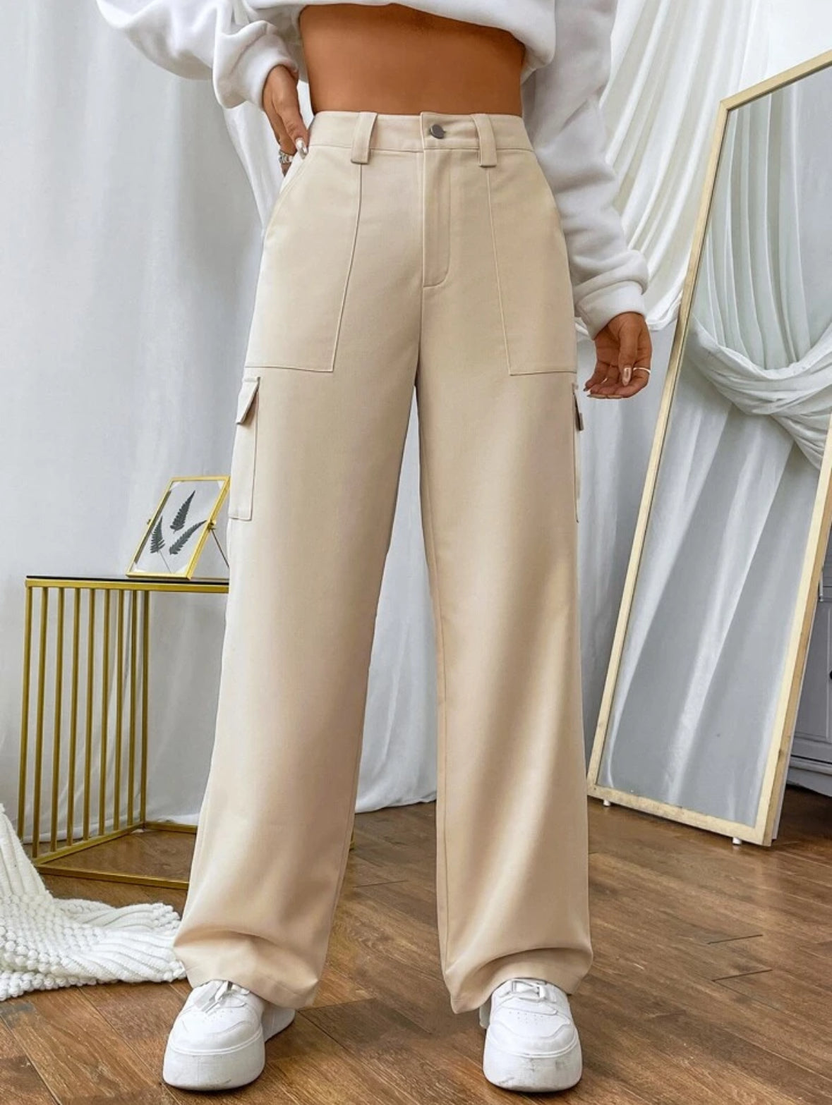 High-waist Beige Cargo Denim