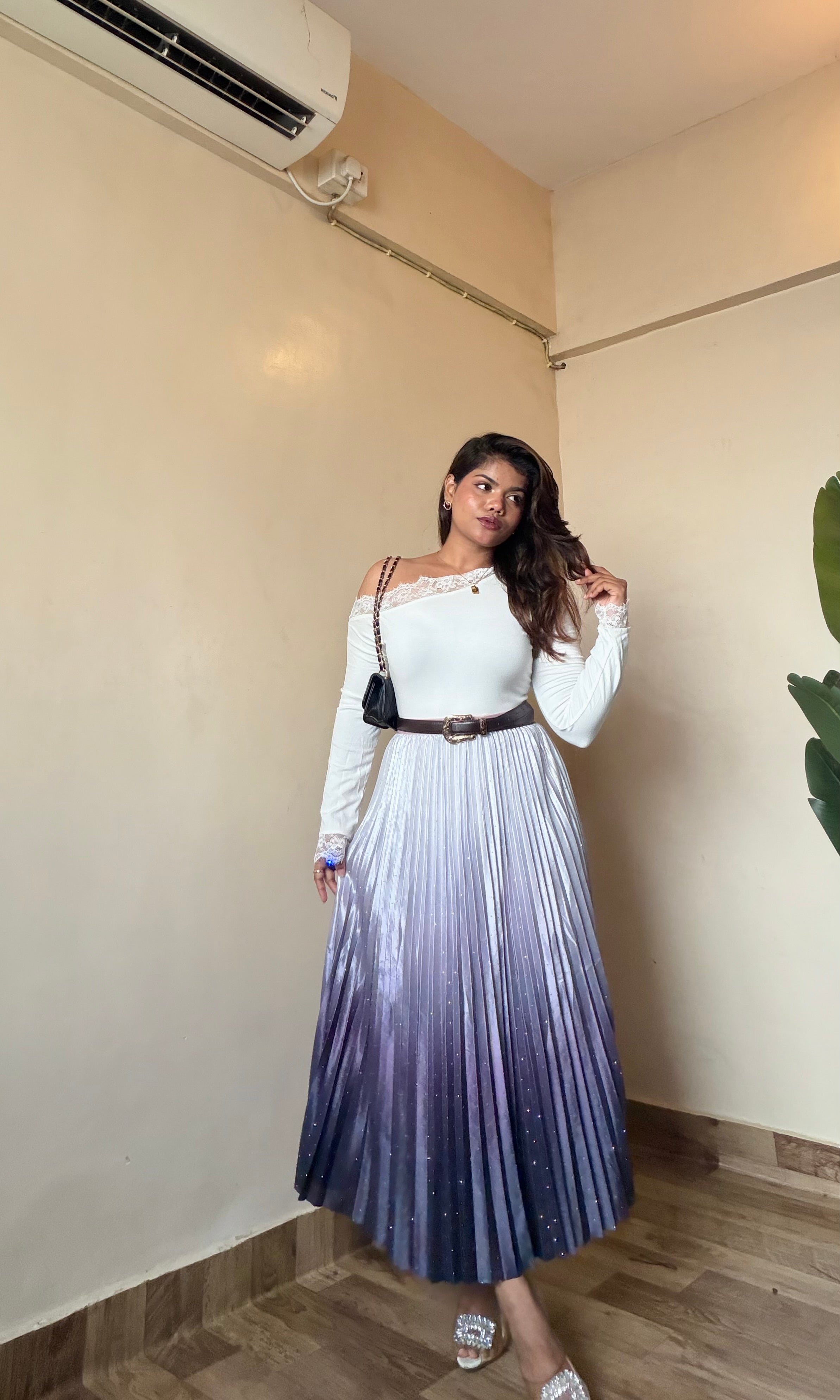 Ombre Satin Rhinestone Pleated Skirt