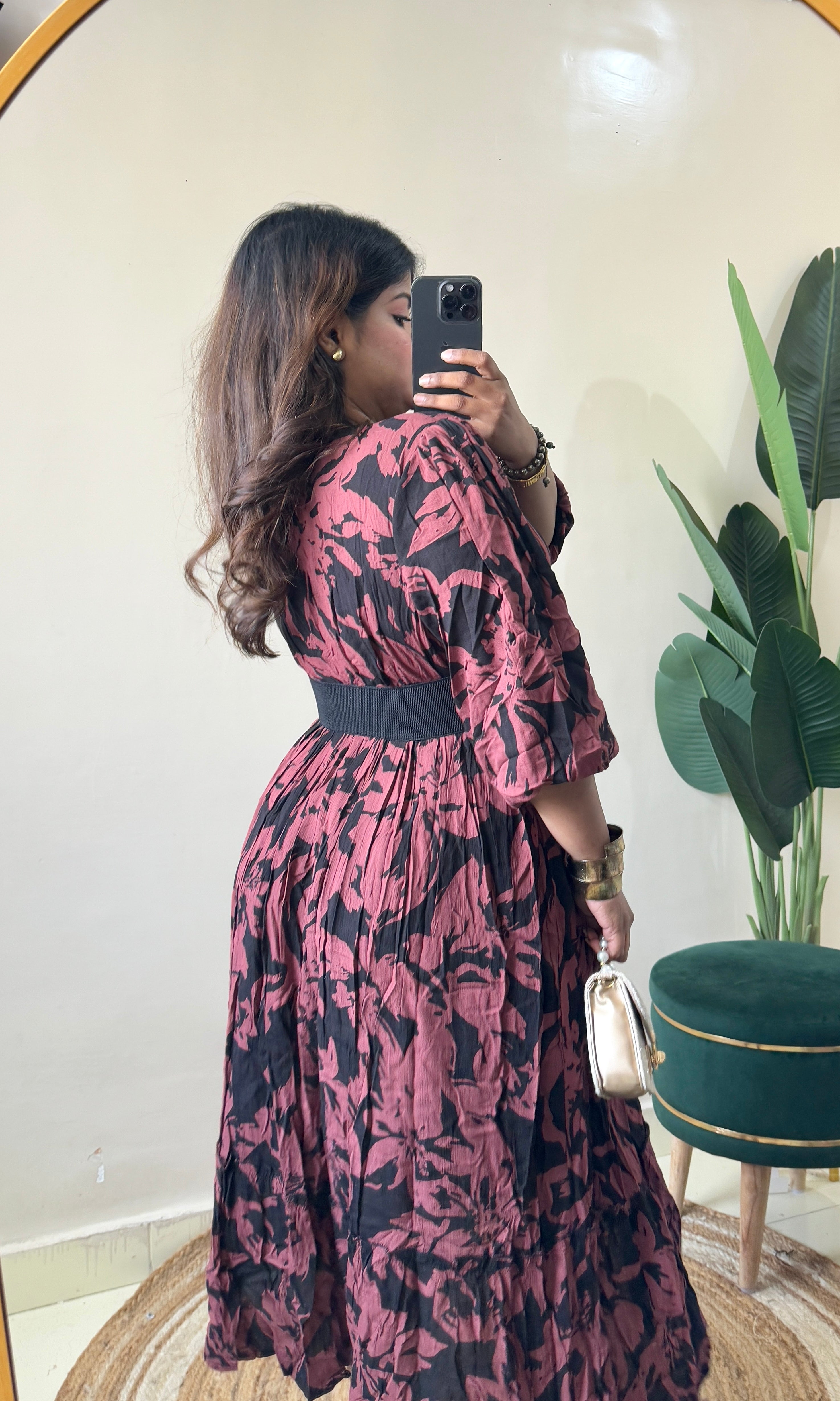 Maroon Floral Dress With Belt