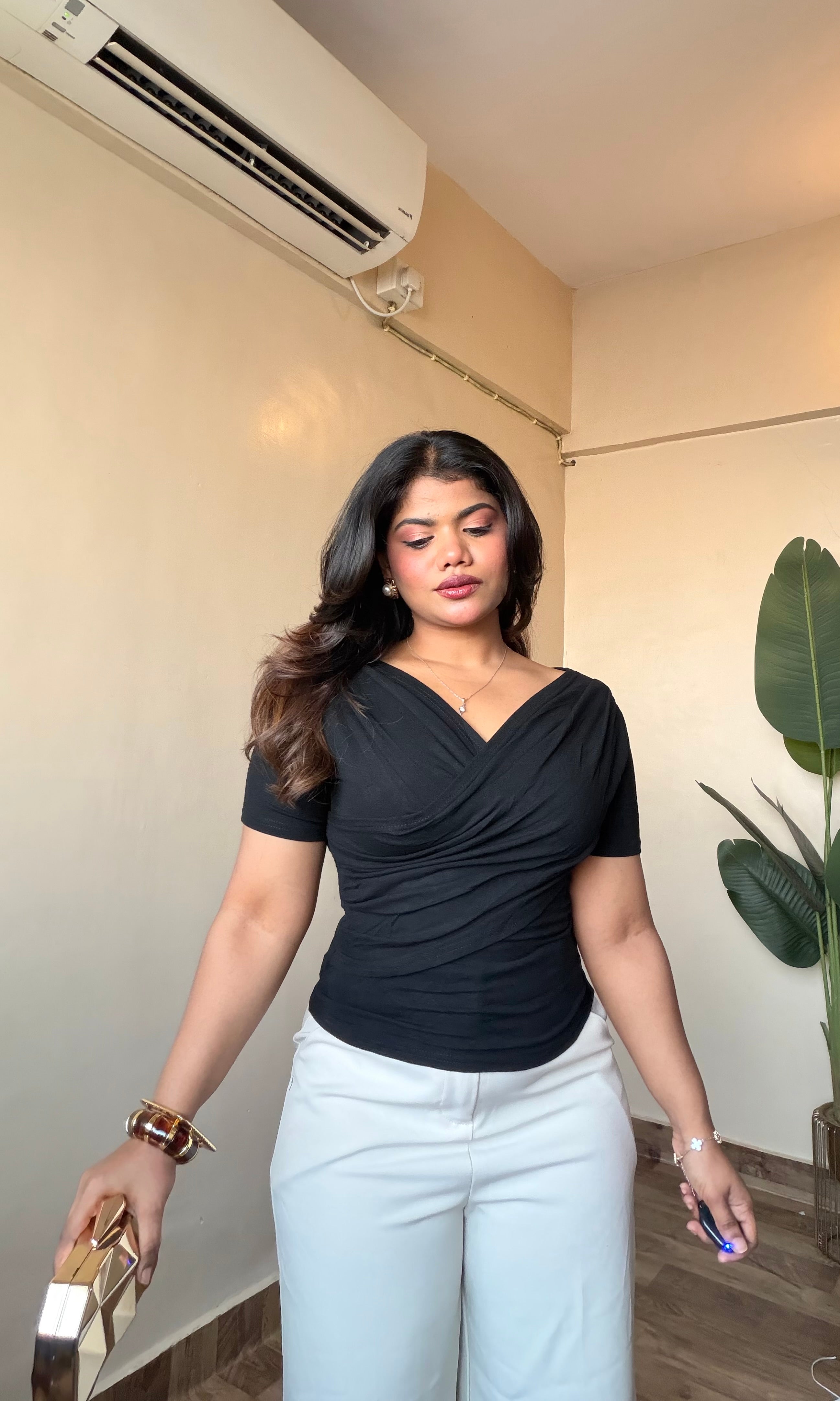 Overlapped Wrap Half Sleeve Top #9935