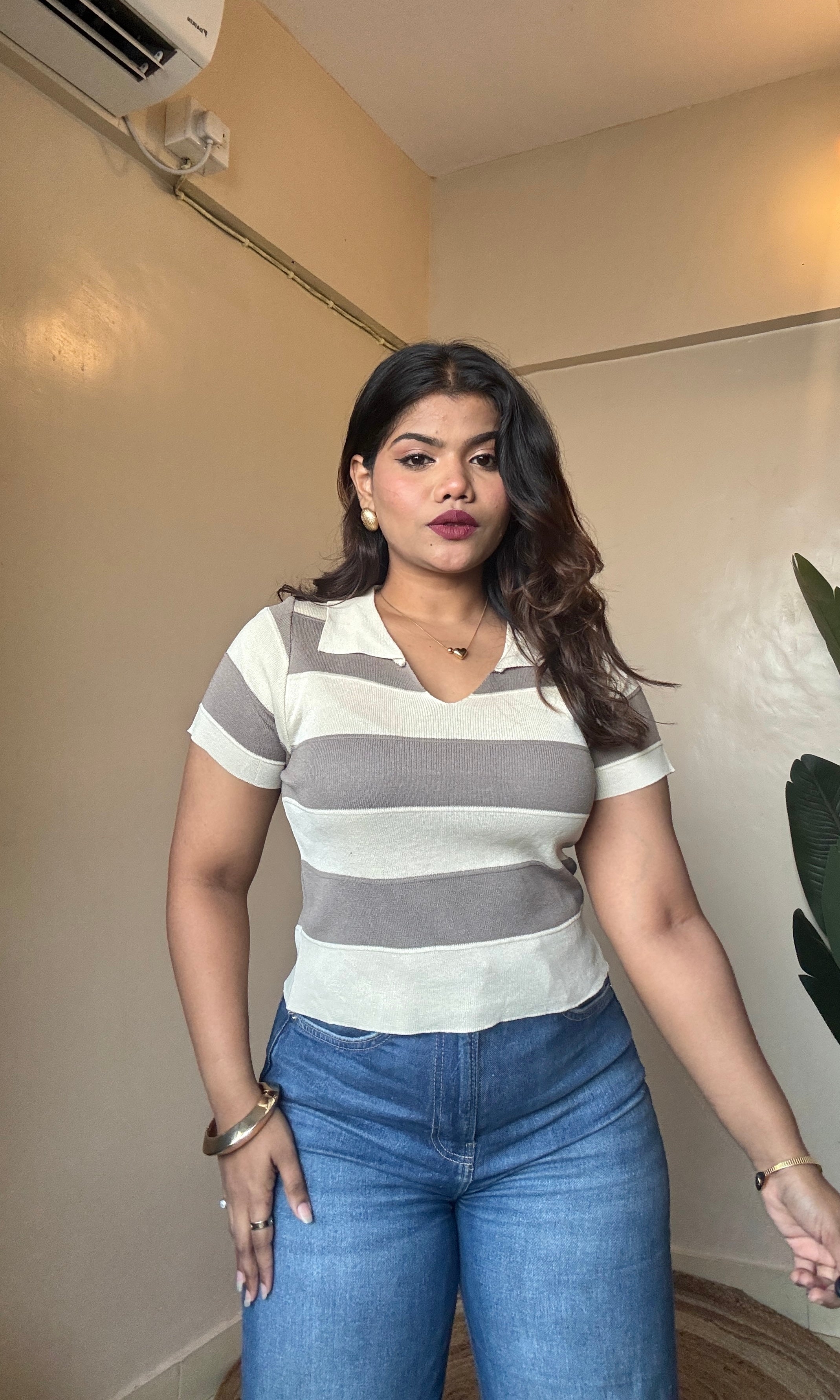 Striped Collar Neck Half Sleeve Top