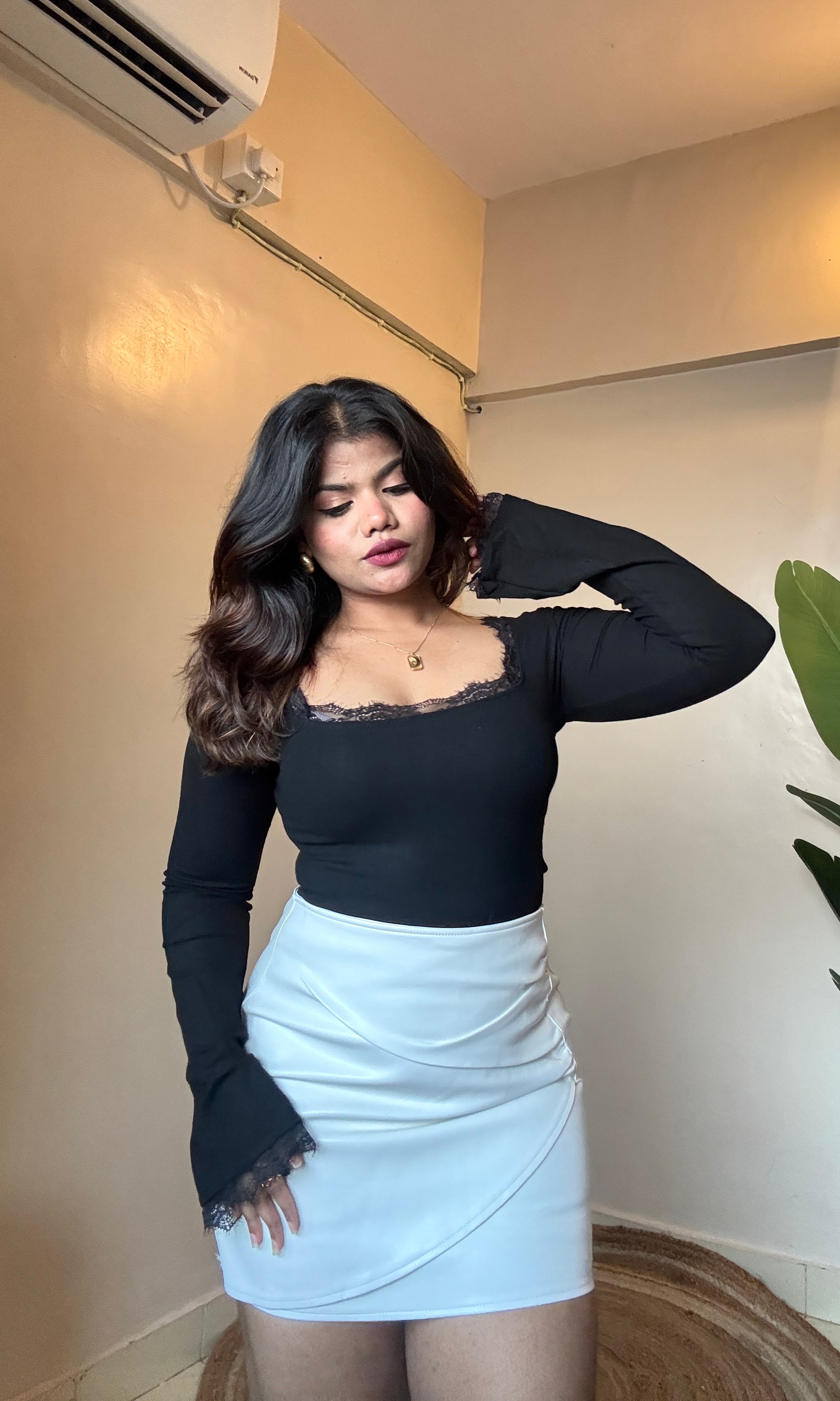 White Ruched Leather Skirt