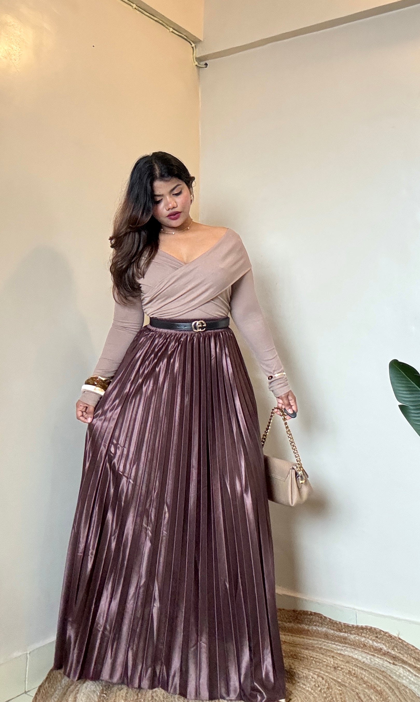 Combo Beige Crossover Top With Brown Satin Pleated Skirt
