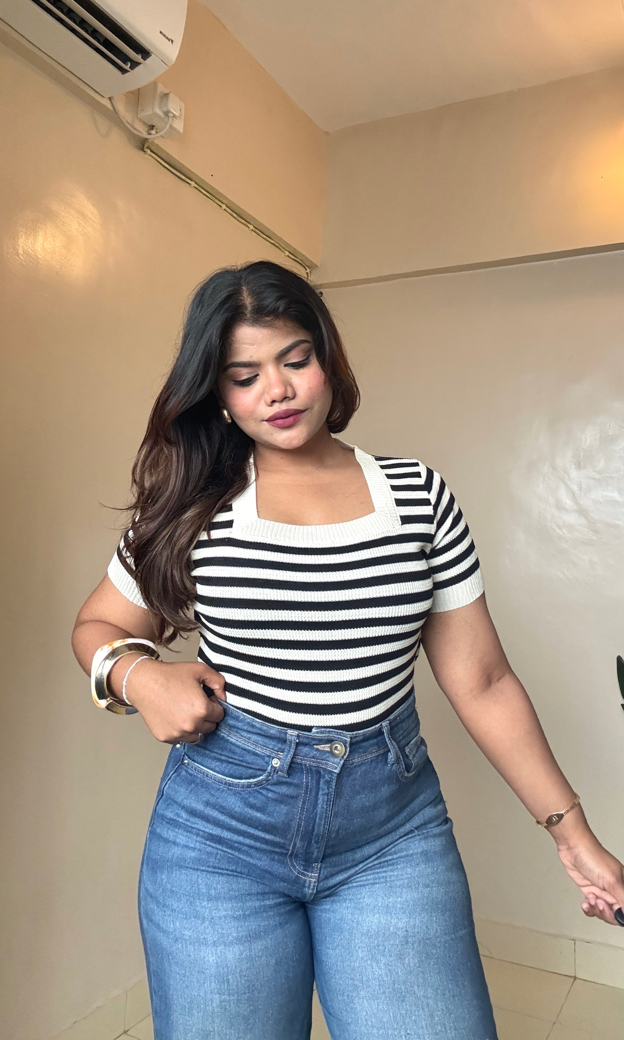 Black N White Striped Square Neck Top