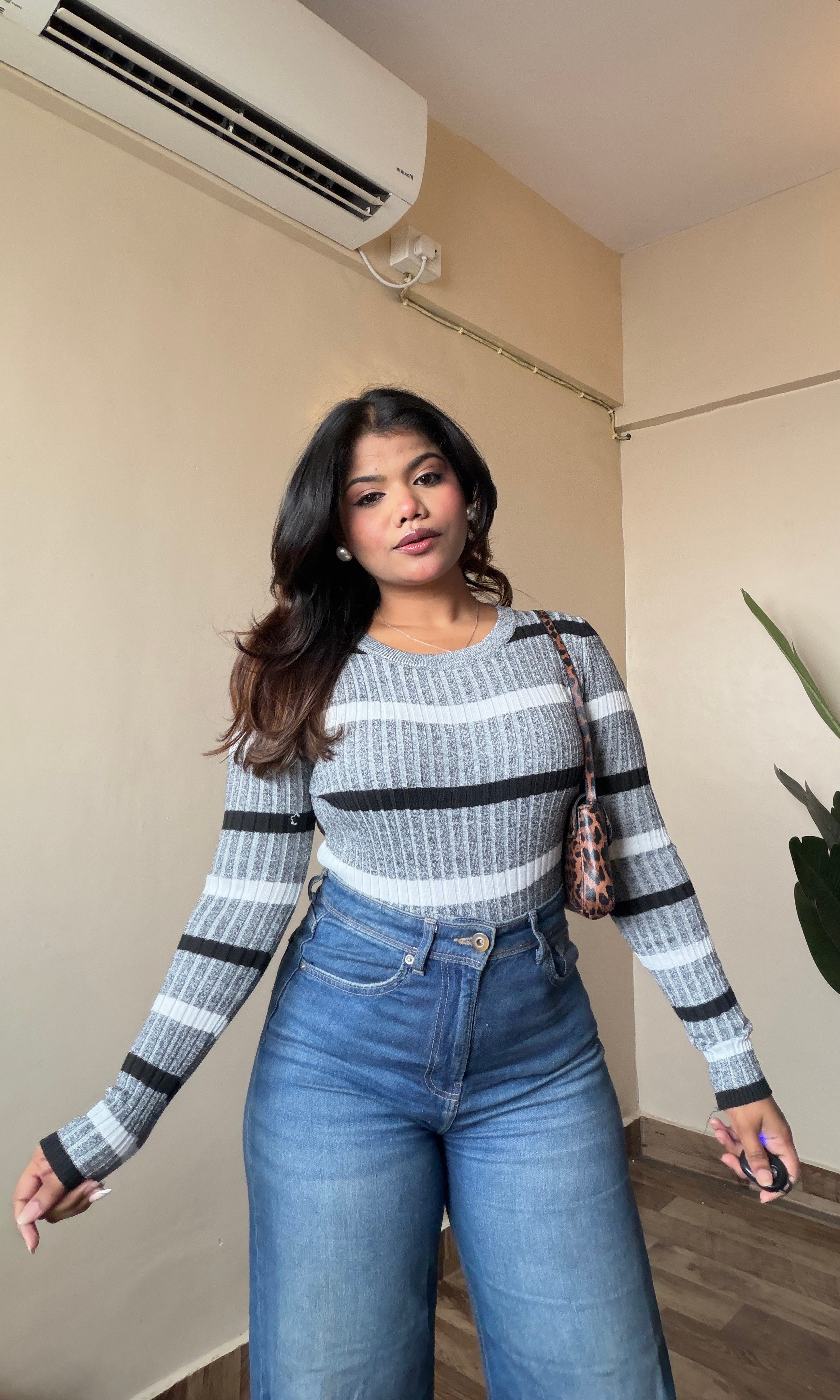 Striped Round Neck Ribbed Top