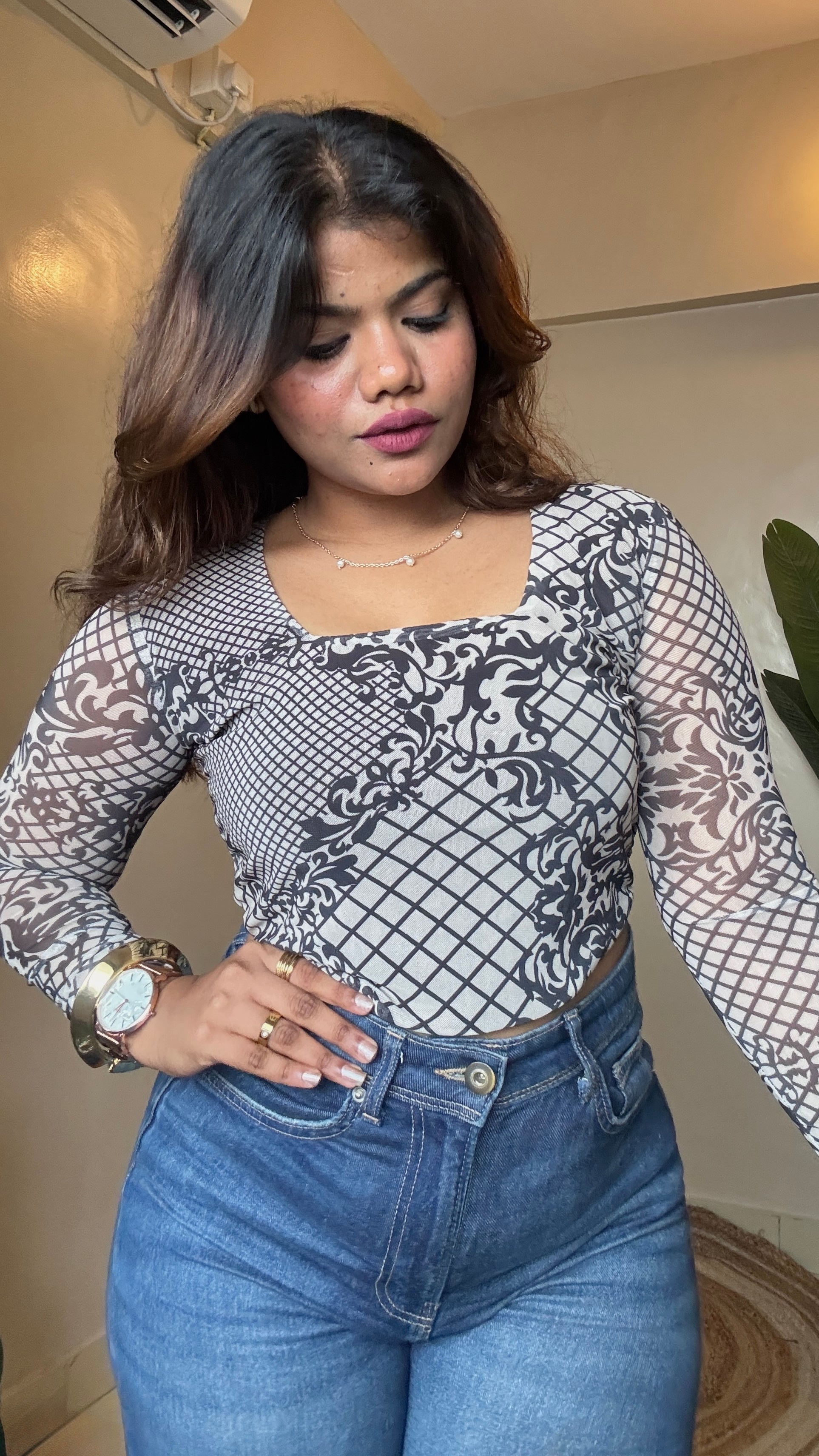 Beige Printed Mesh Top