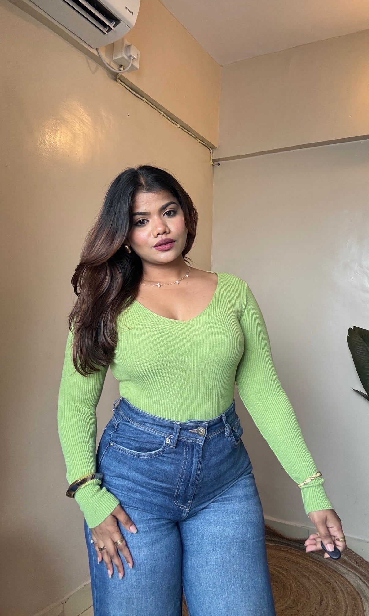 Pastel Green V Neck Ribbed Top