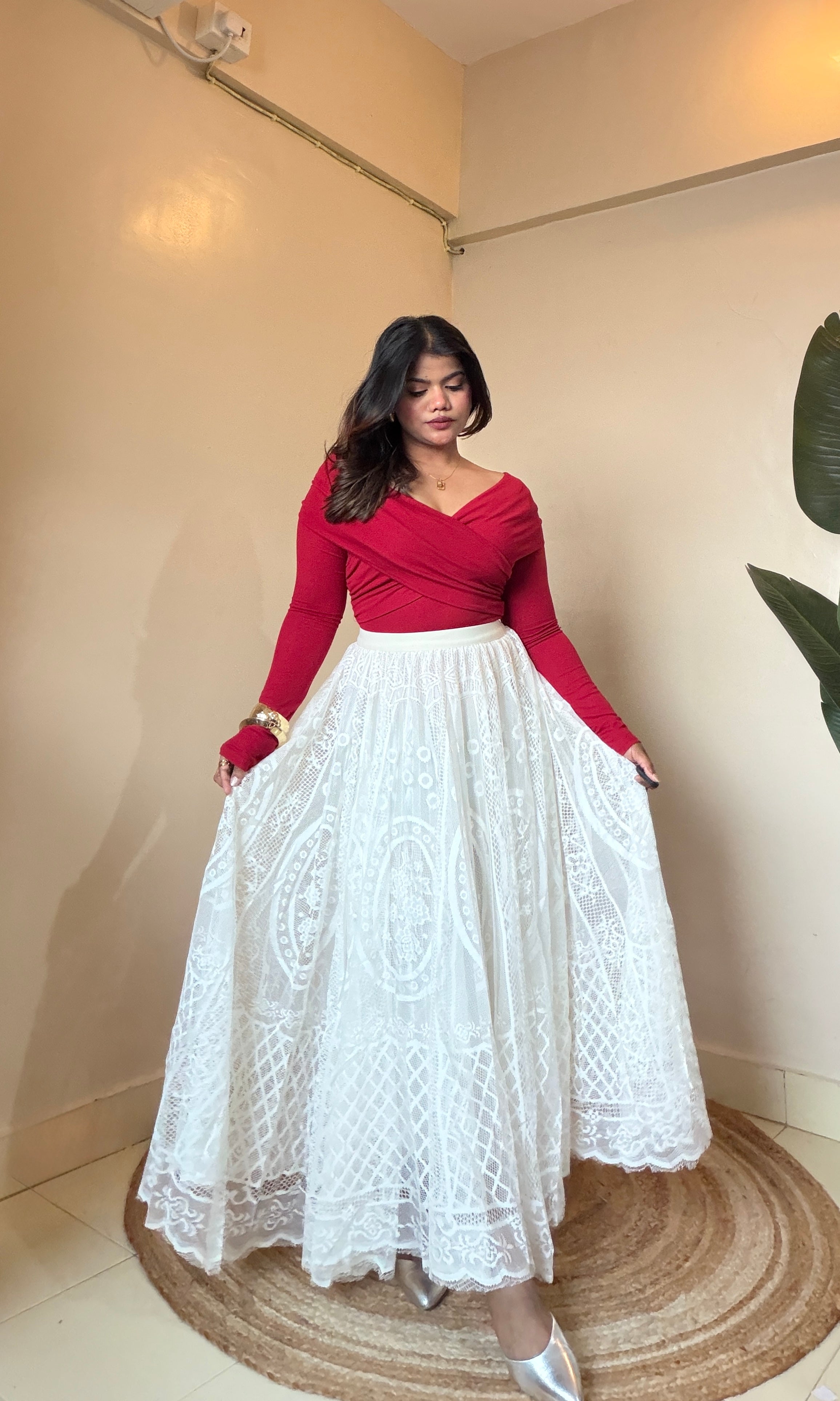 Ivory White Statement Lace Skirt