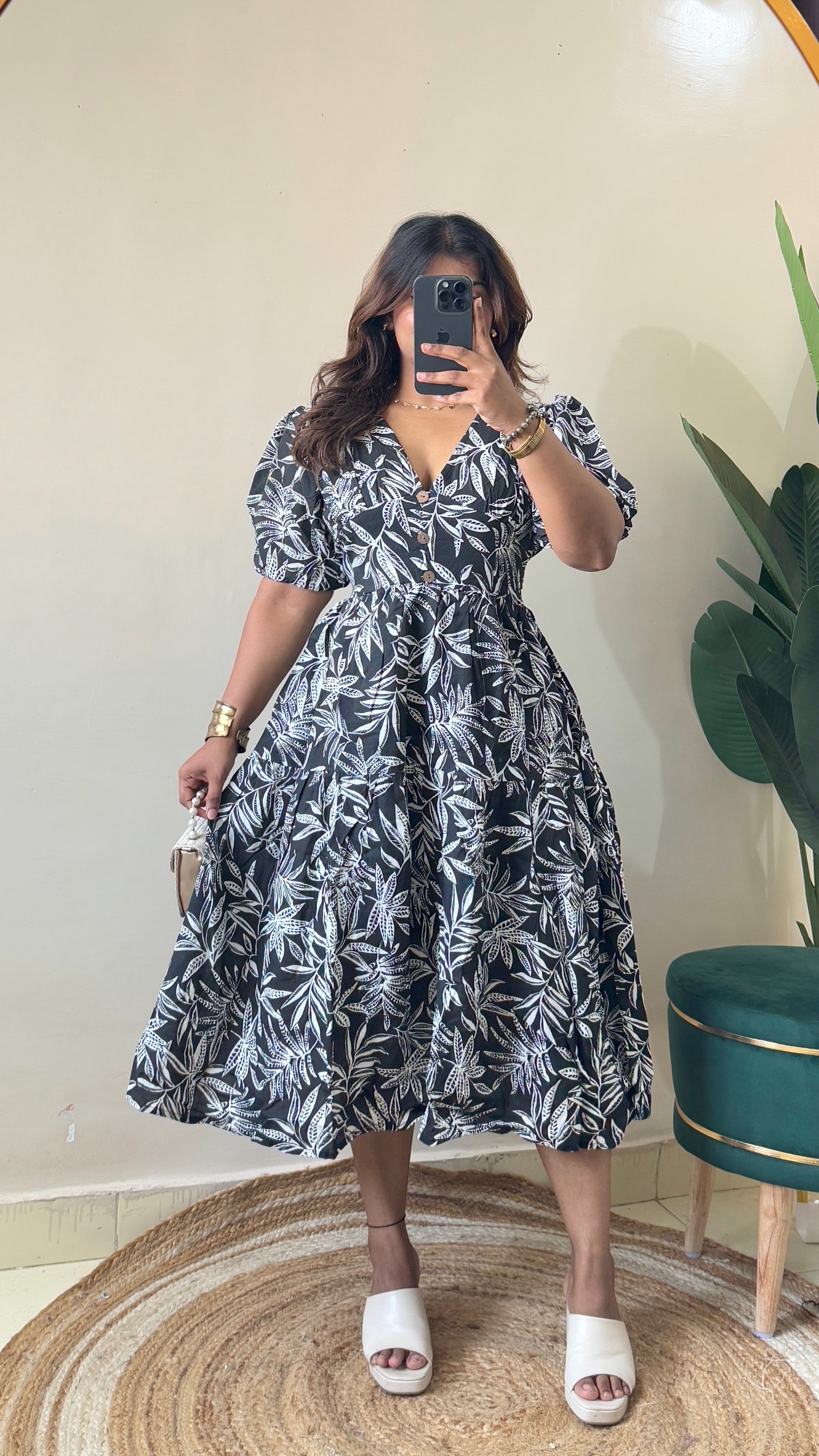 Black Floral Printed Puffy Sleeves Dress
