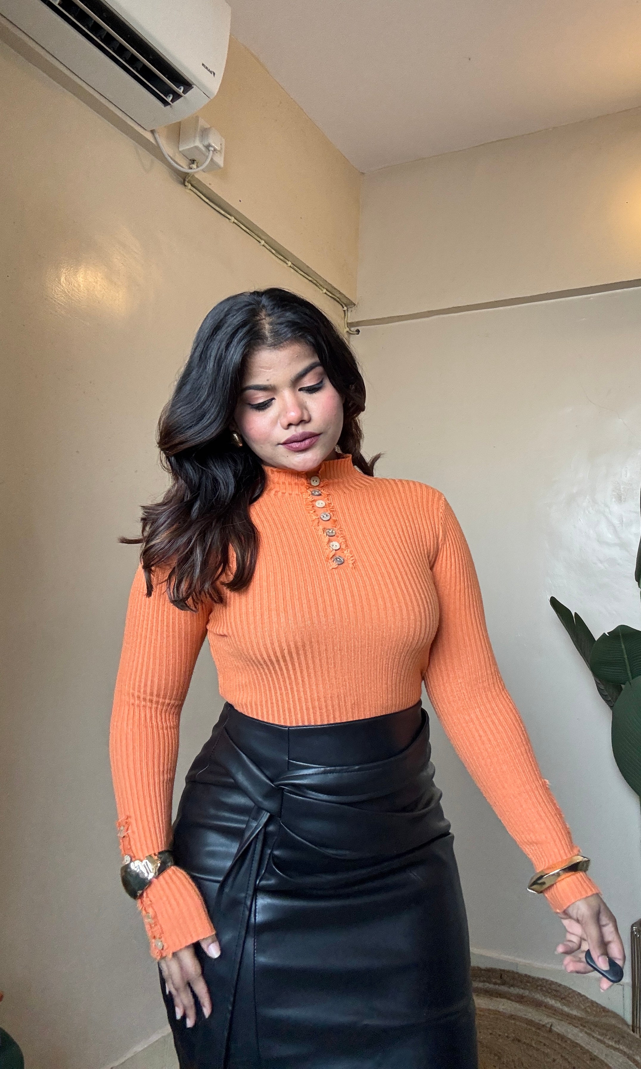 Button-Work Ribbed Mock Neck Top