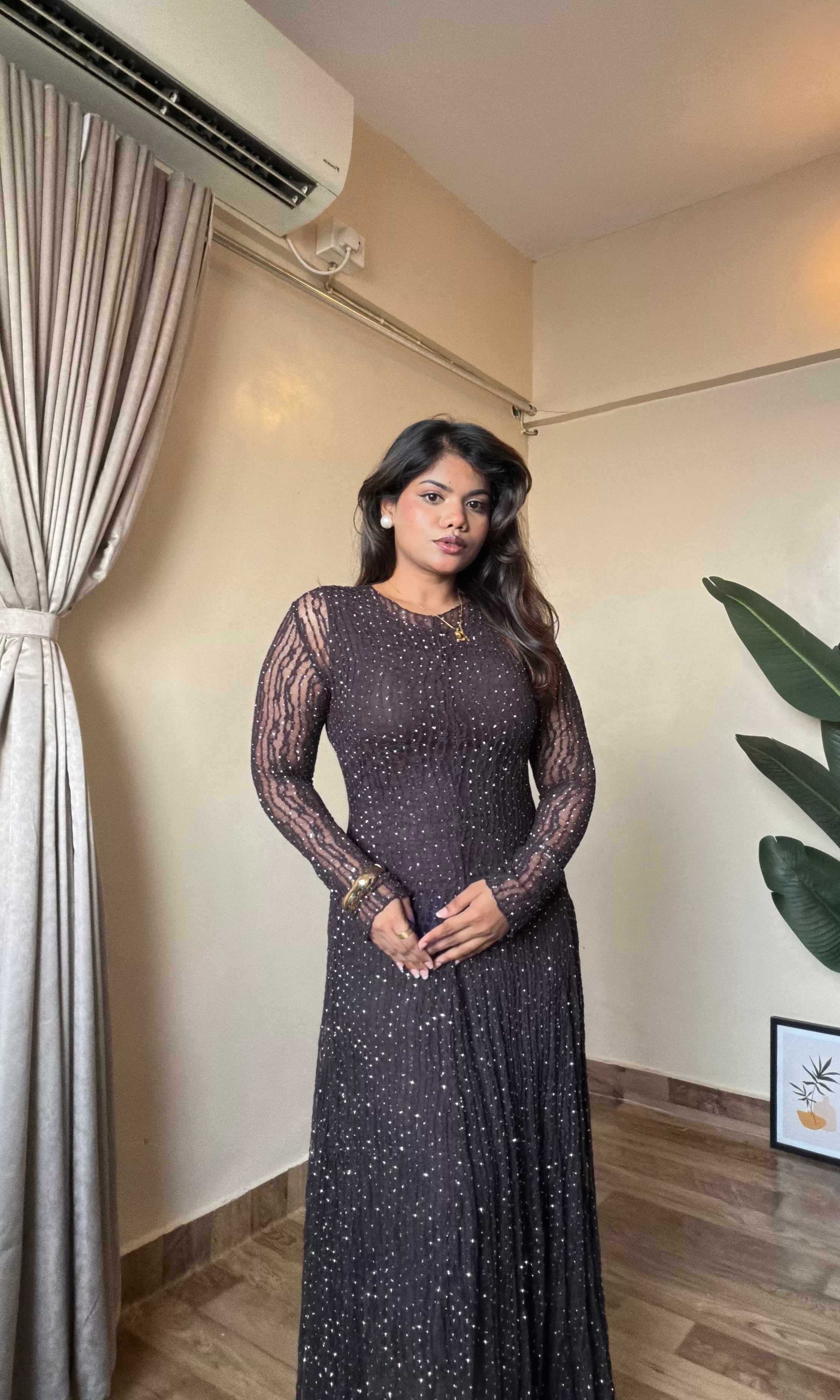 Brown Embellished Sparkle Gown Dress