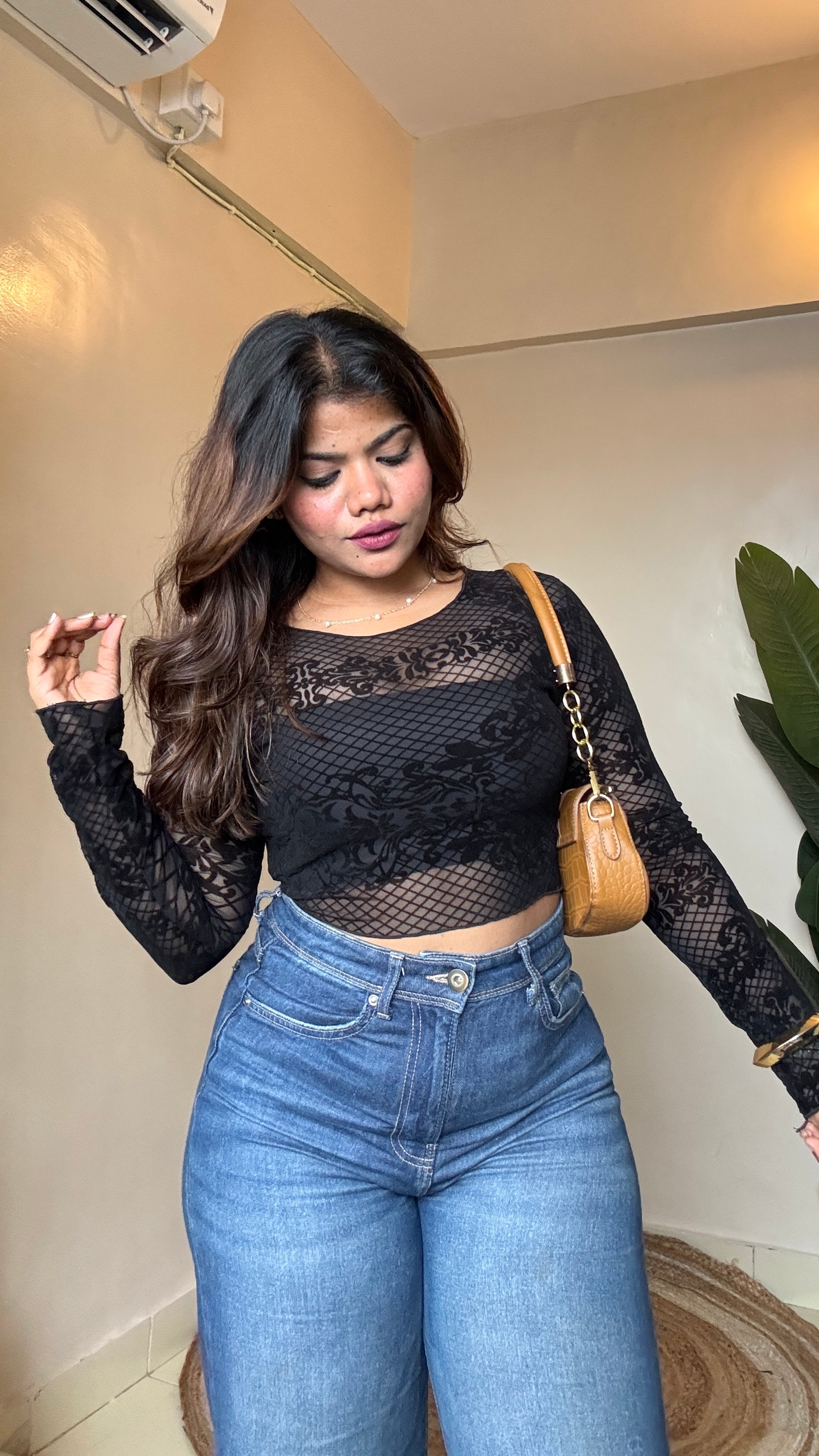 Chrissy Barque Print Mesh Top With Inner