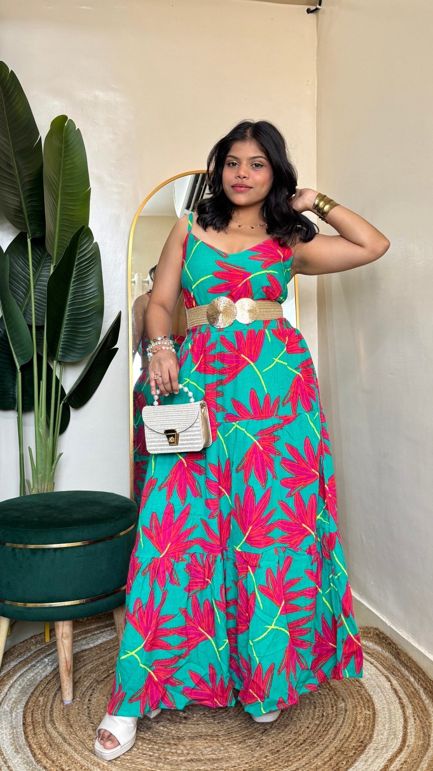 Green Floral Flowy Dress With Belt