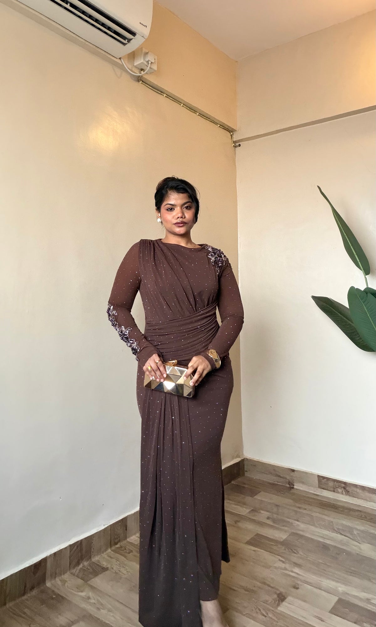 Premium Embellished Draped Power Net Dress – Burgundy Bae