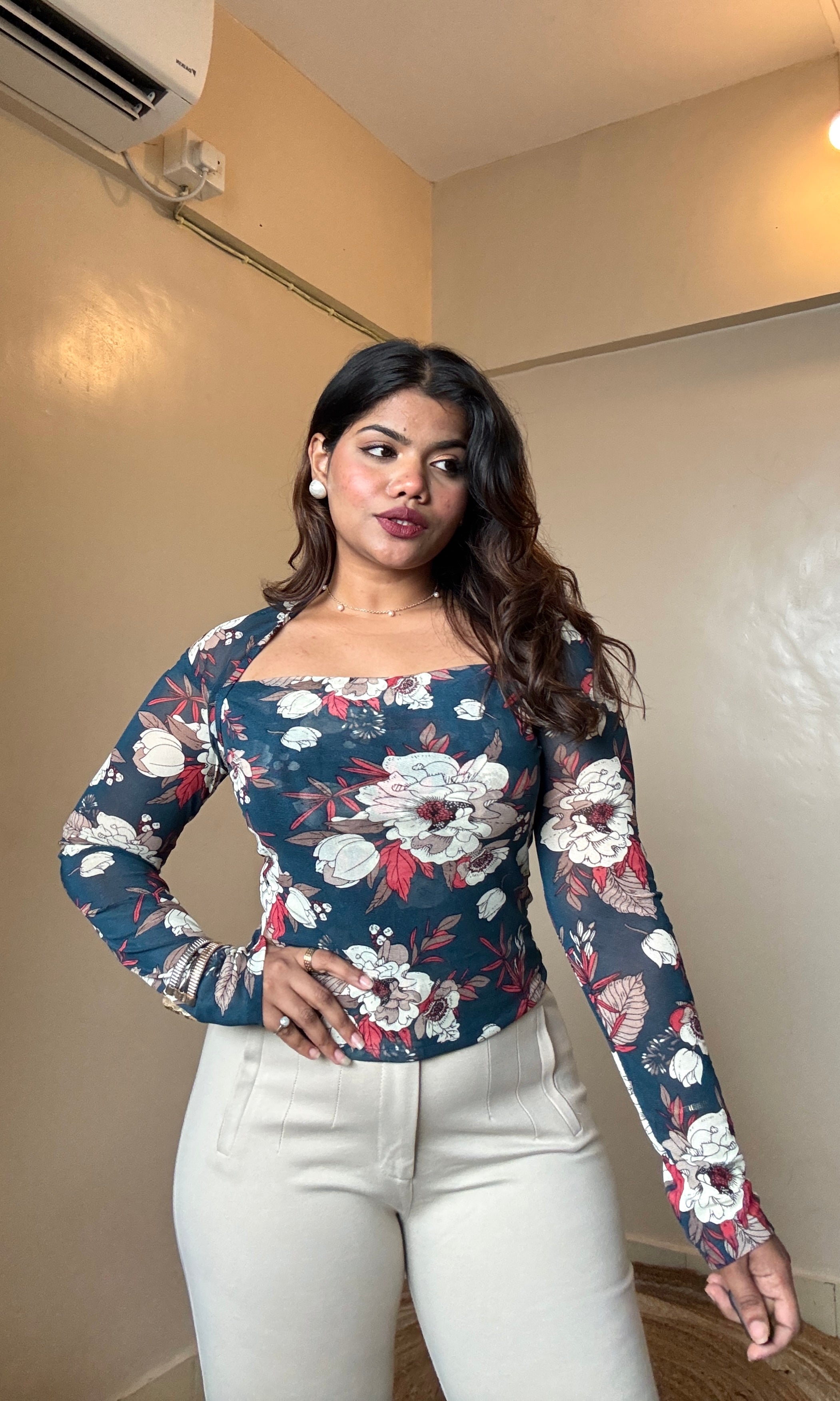 Floral Mesh Flat Square Neck Top