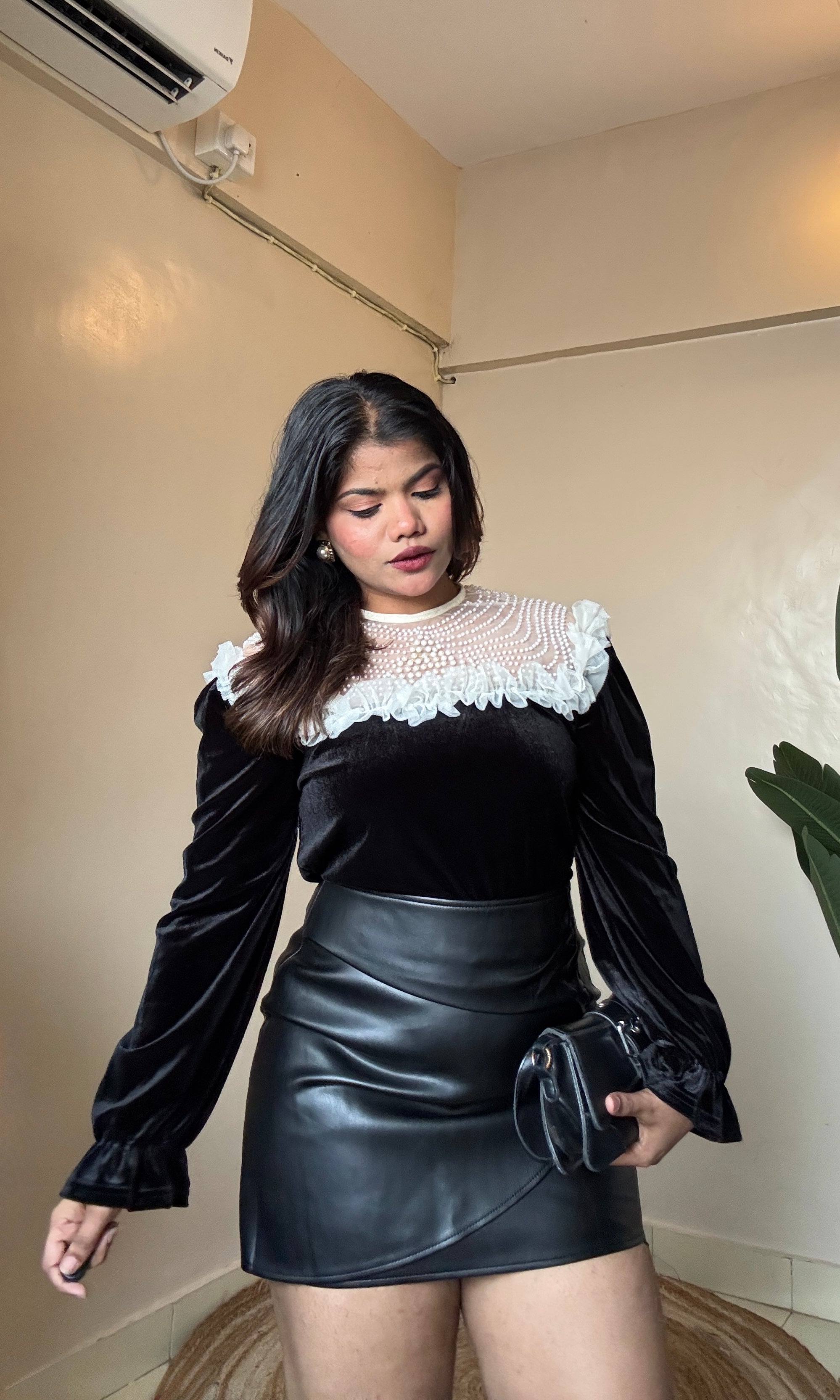 Premium Pearl Ruffle Velvet Top