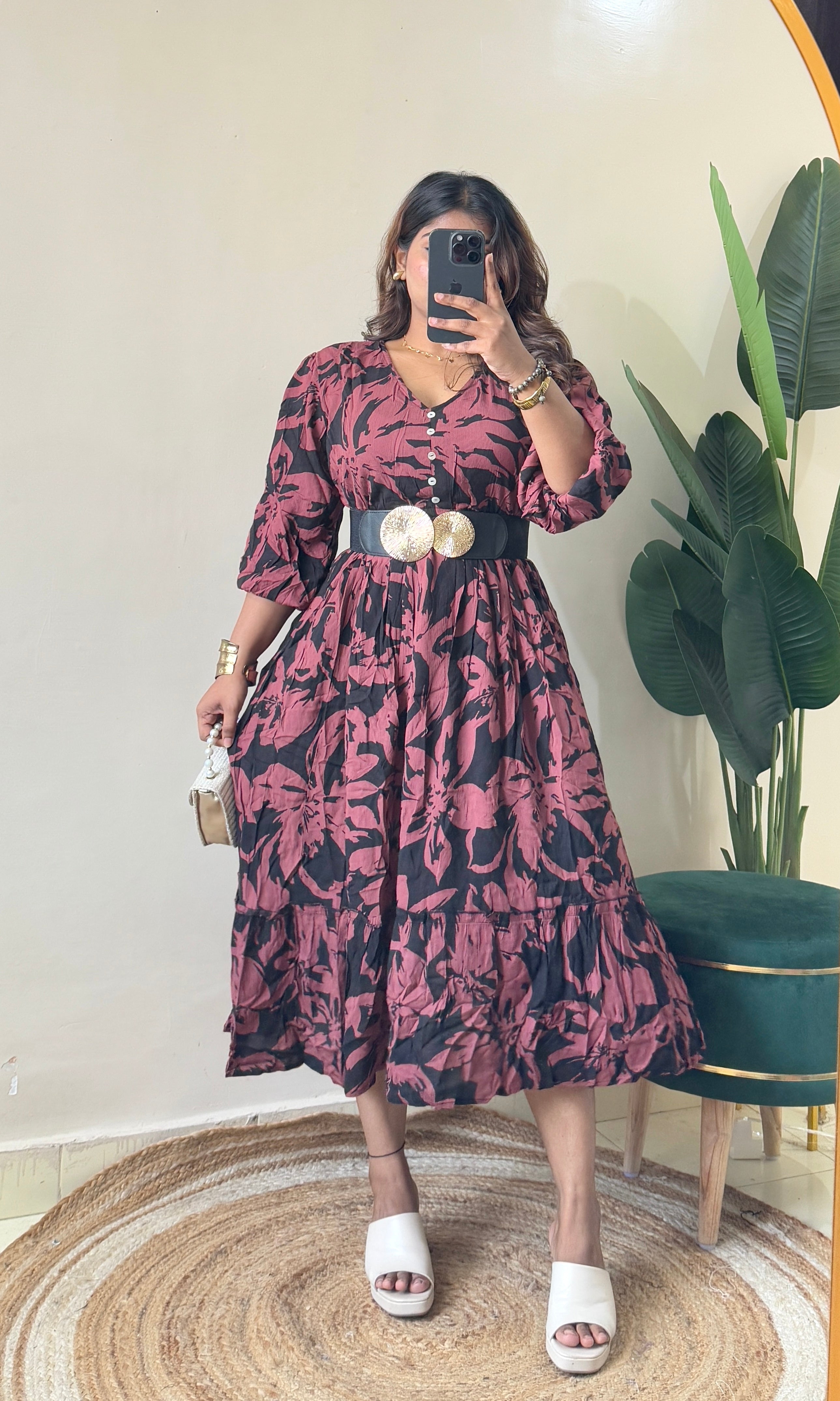 Maroon Floral Dress With Belt