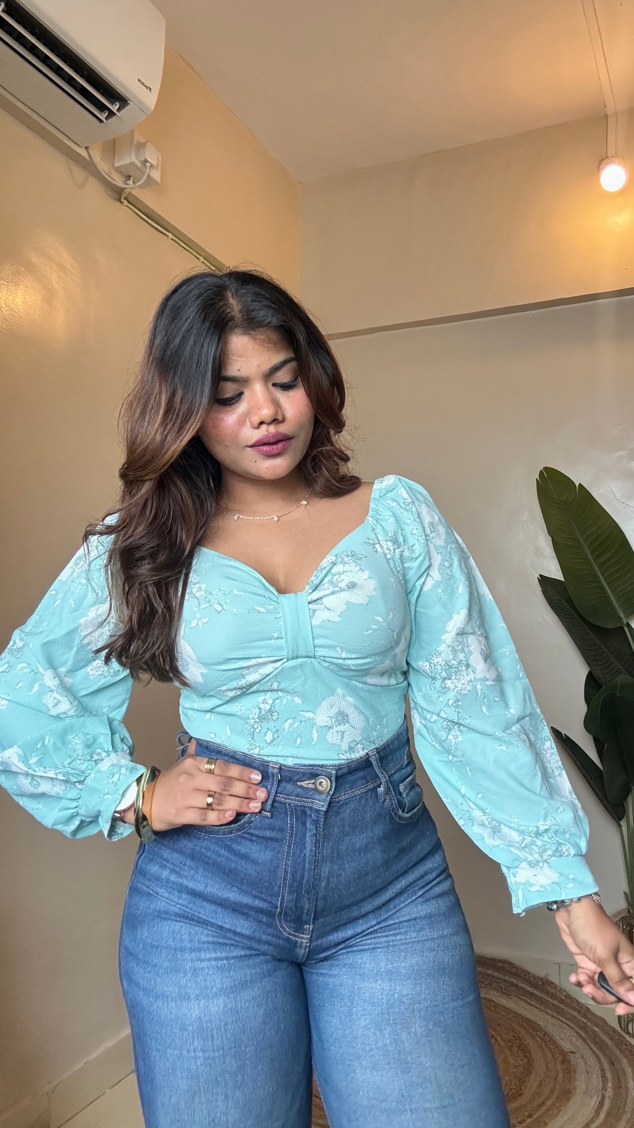 Aqua Blue Floral Puffy Sleeve Top