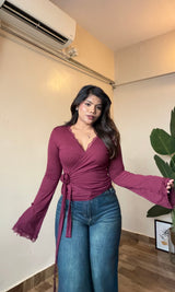 Wrap Body-Fitted Bell Sleeve Top #2675