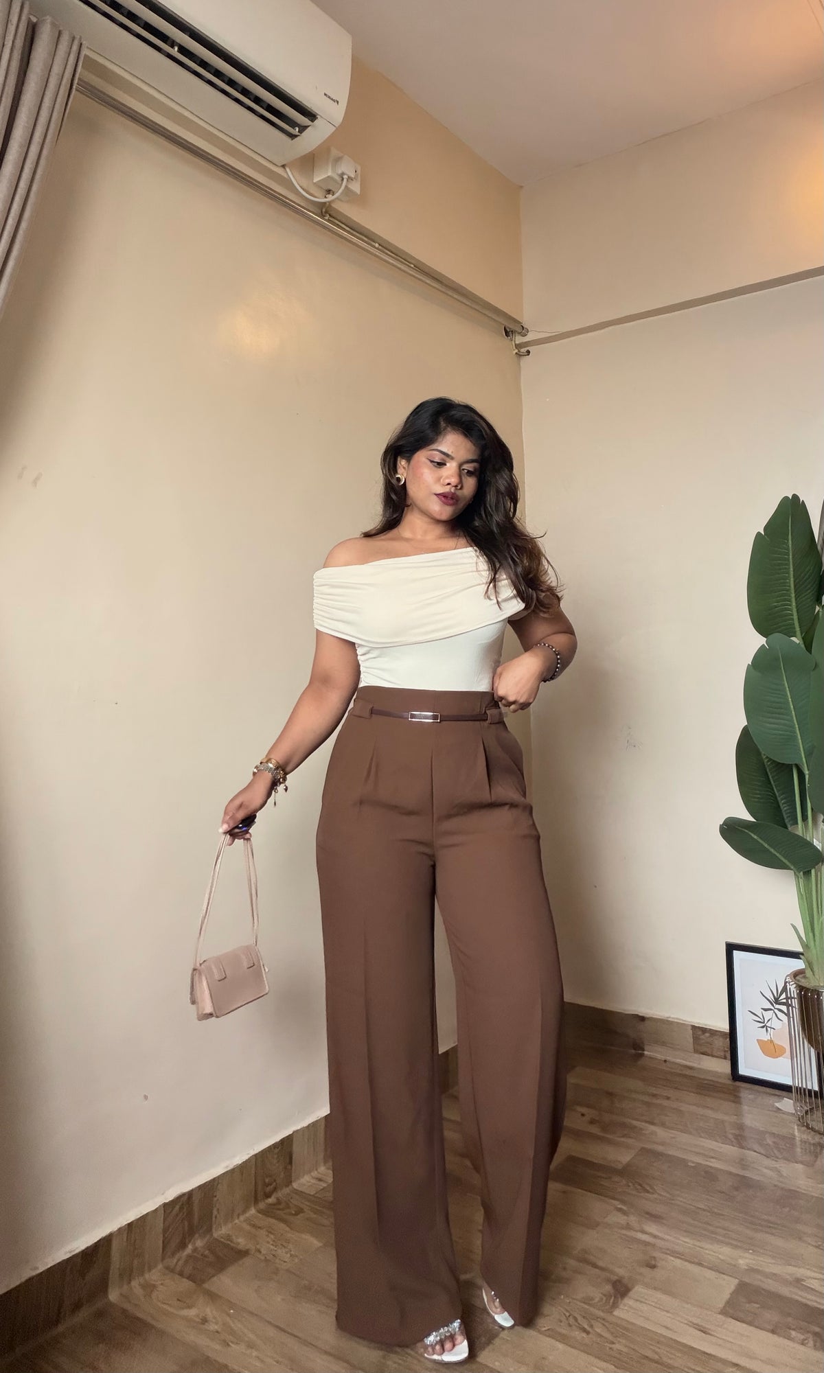 Rust Brown Straight Fit Wide Leg Trouser With Belt