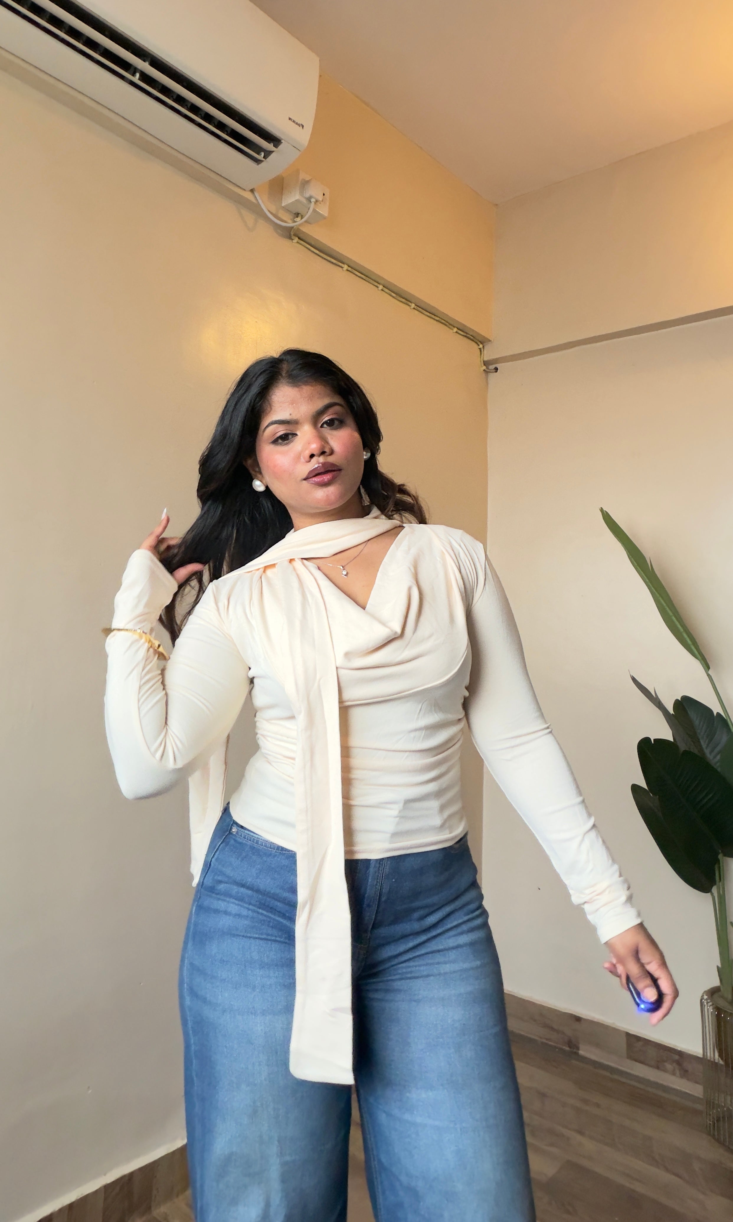 Cowl Neck-Ribbon Full Sleeve Top