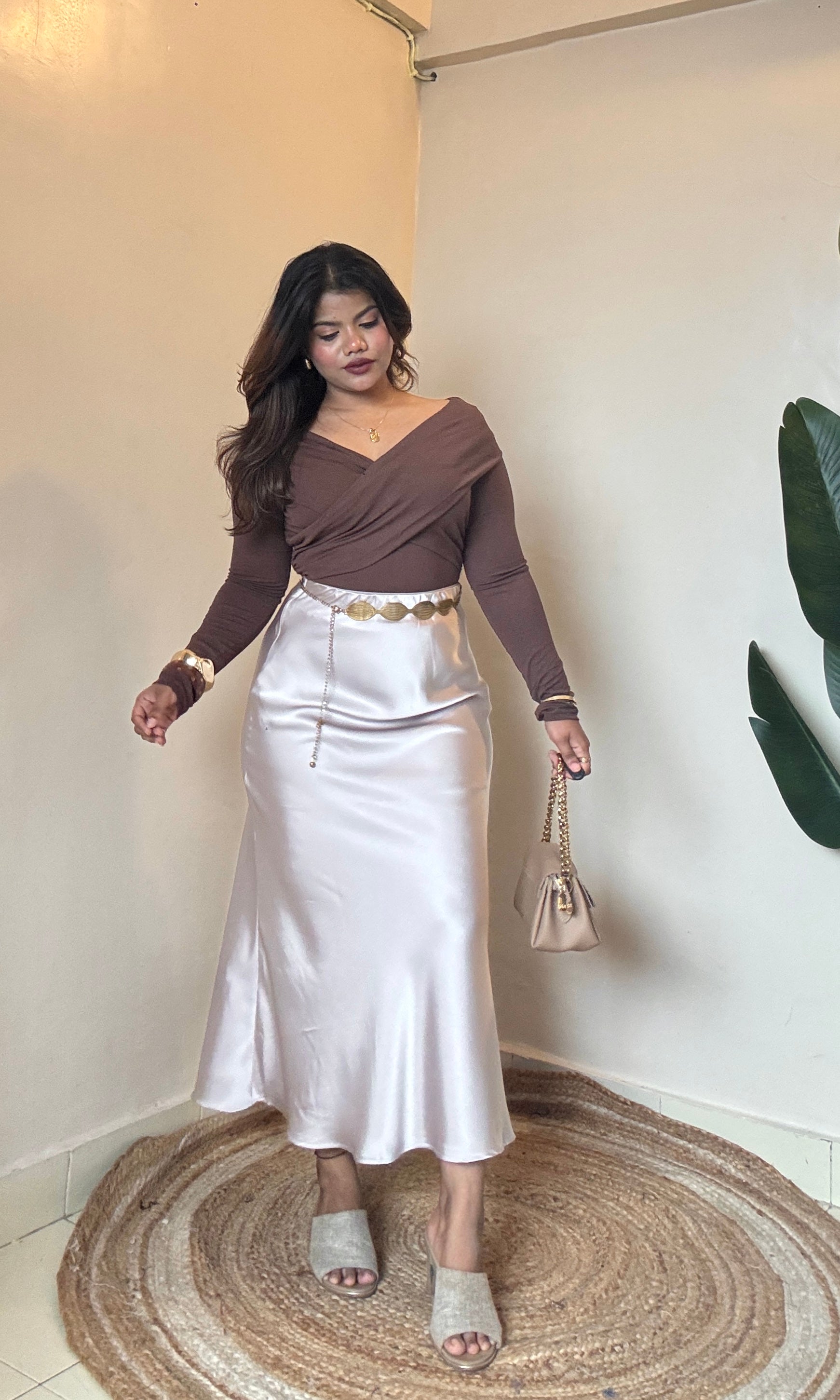 Bestseller Brown Crossover Top With Ivory Satin Skirt