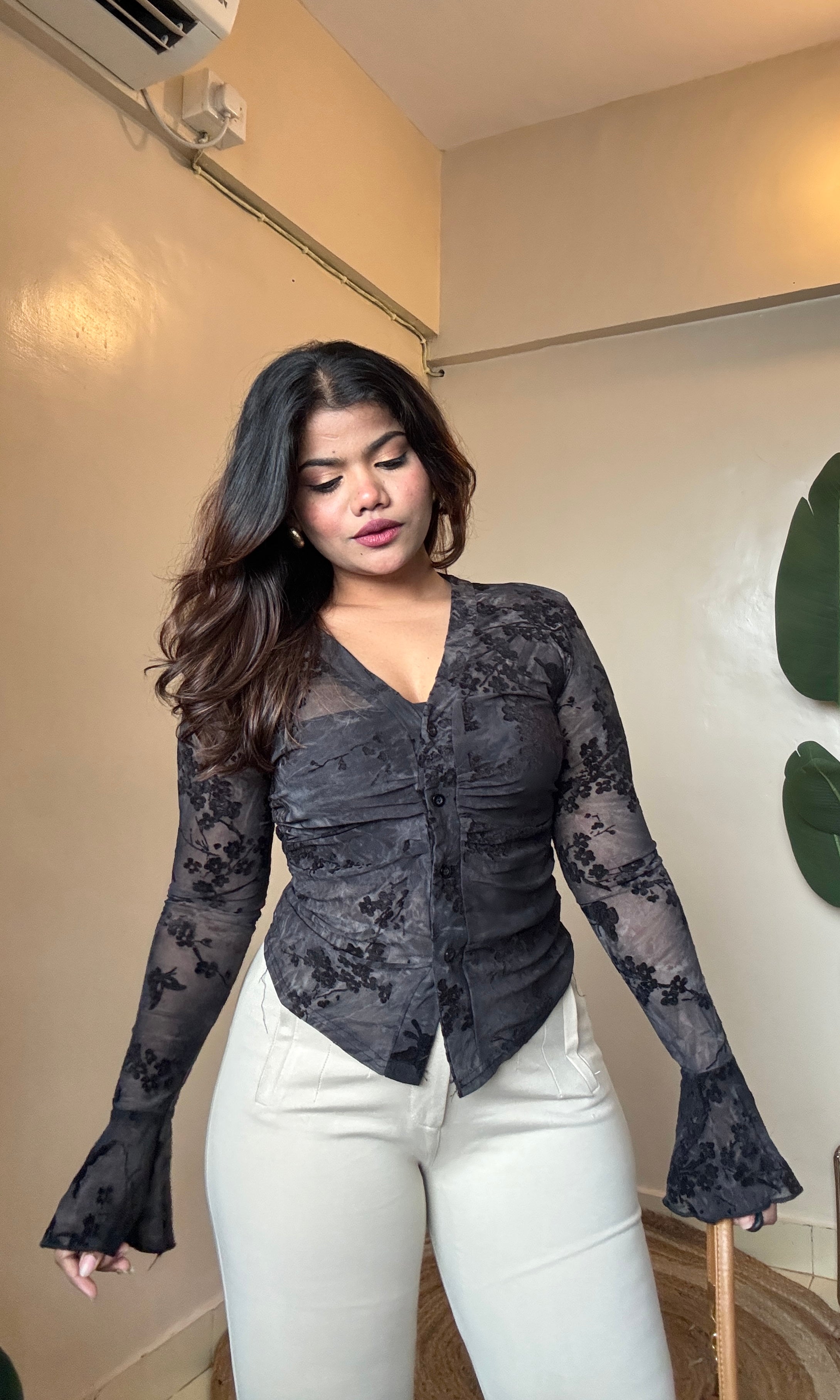 Floral Velvet Work Ruched Mesh Shirt