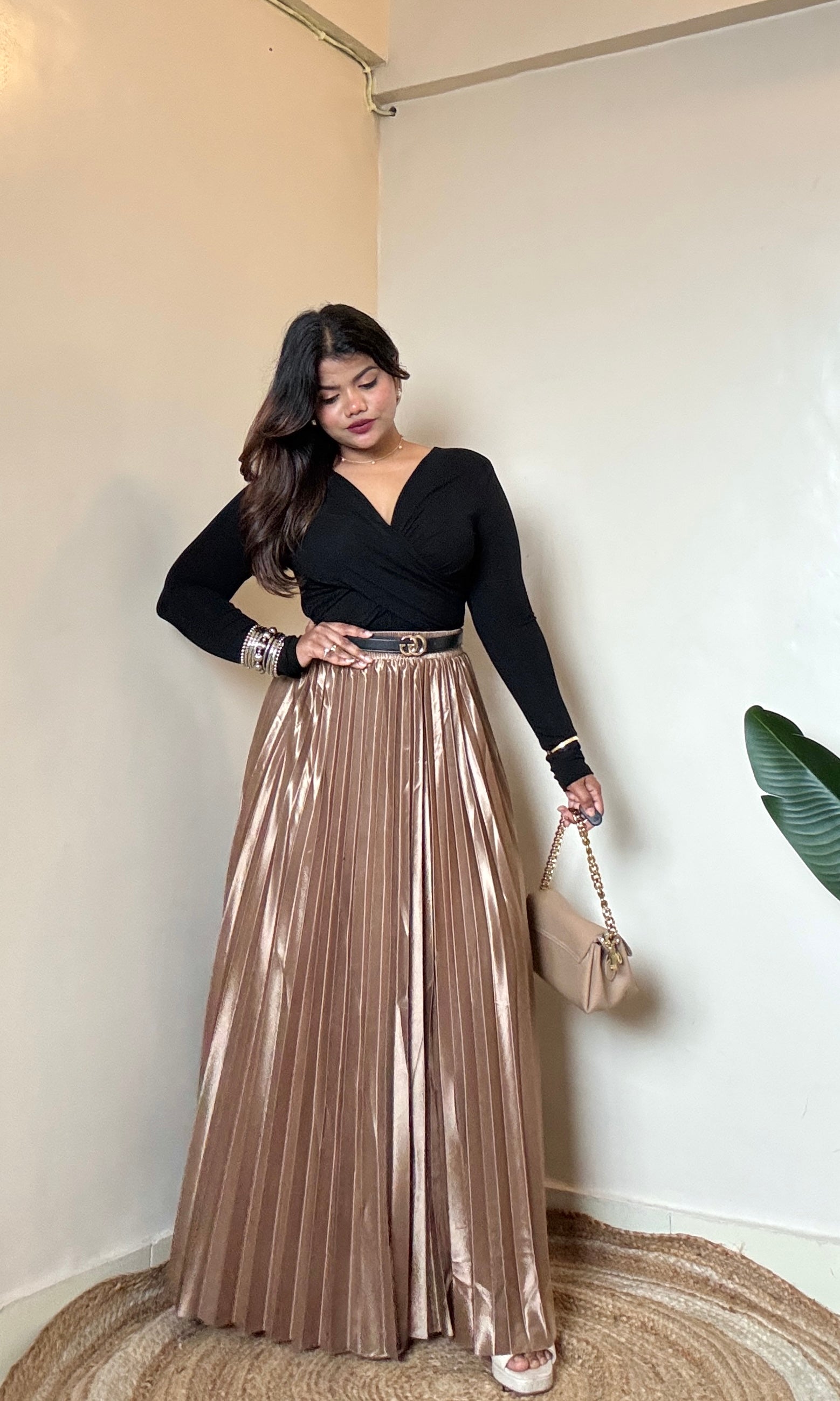 Premium Metallic Satin Pleated Skirt